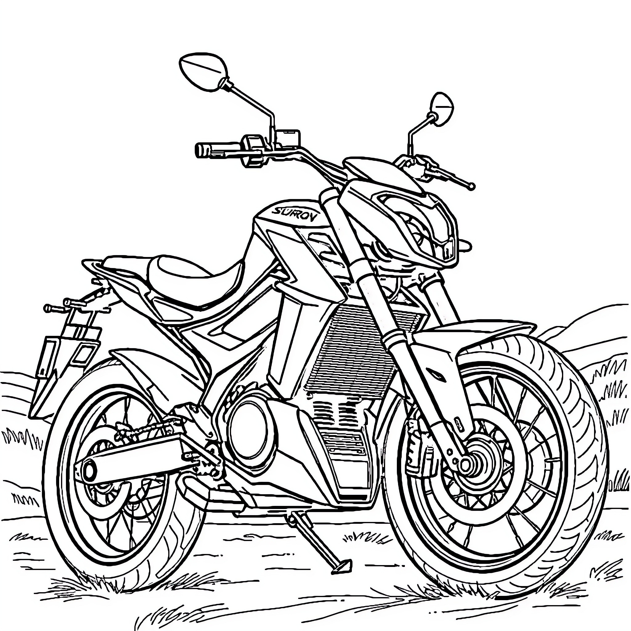 Electric Bike Speeding Through Grassy Field Coloring Page (free black-and-white line drawing printable PDF for all, from beginners to advanced learners, including children, teens, adults, and seniors)