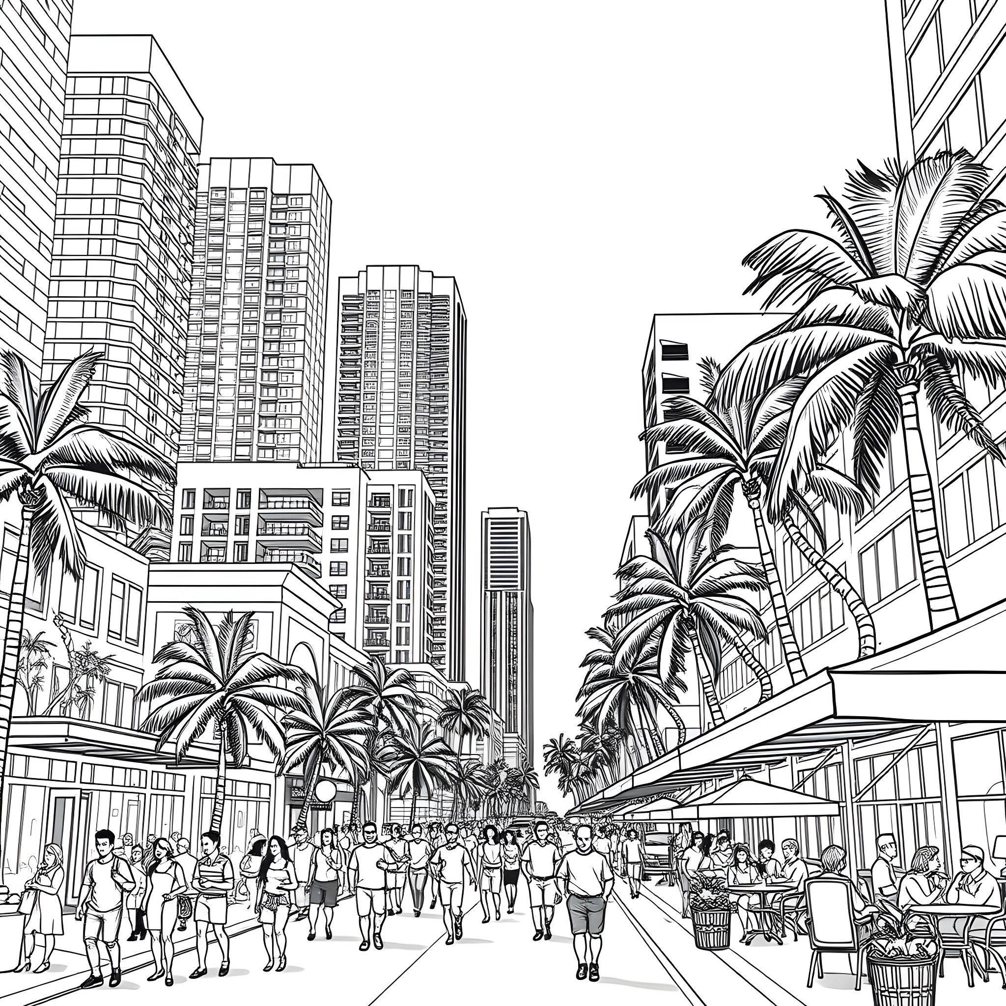 Miami street scene with palm trees and city skyline Coloring Page (free black-and-white line drawing printable PDF for all, from beginners to advanced learners, including children, teens, adults, and seniors)