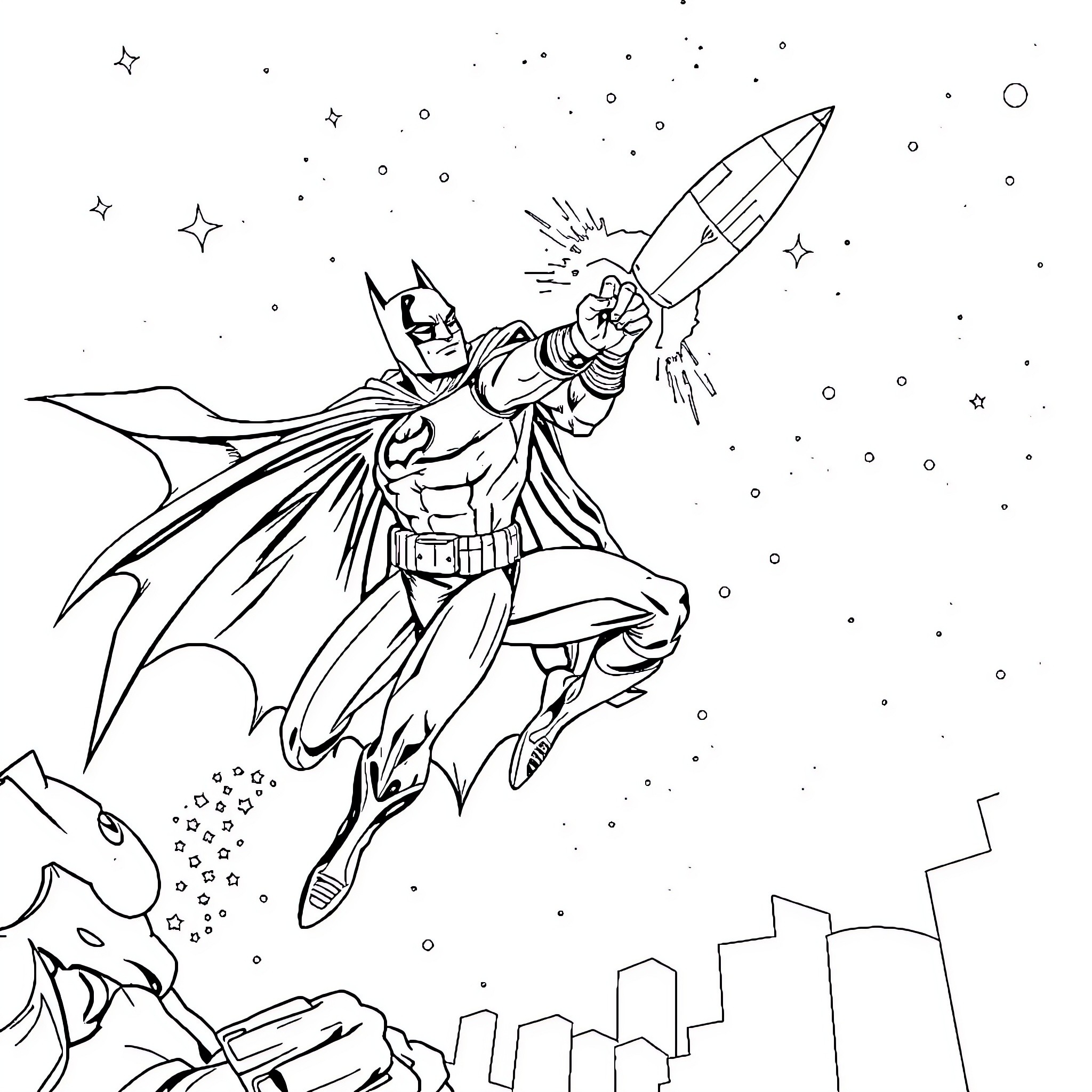 Batman soaring through the night sky with rocket booster Coloring Page (free black-and-white line drawing printable PDF for all, from beginners to advanced learners, including children, teens, adults, and seniors)