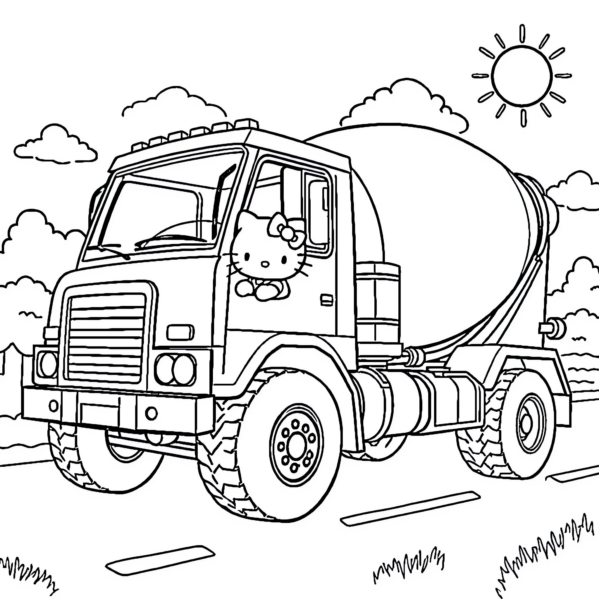 Hello Kitty driving a cement mixer truck Coloring Page (free black-and-white line drawing printable PDF for all, from beginners to advanced learners, including children, teens, adults, and seniors)