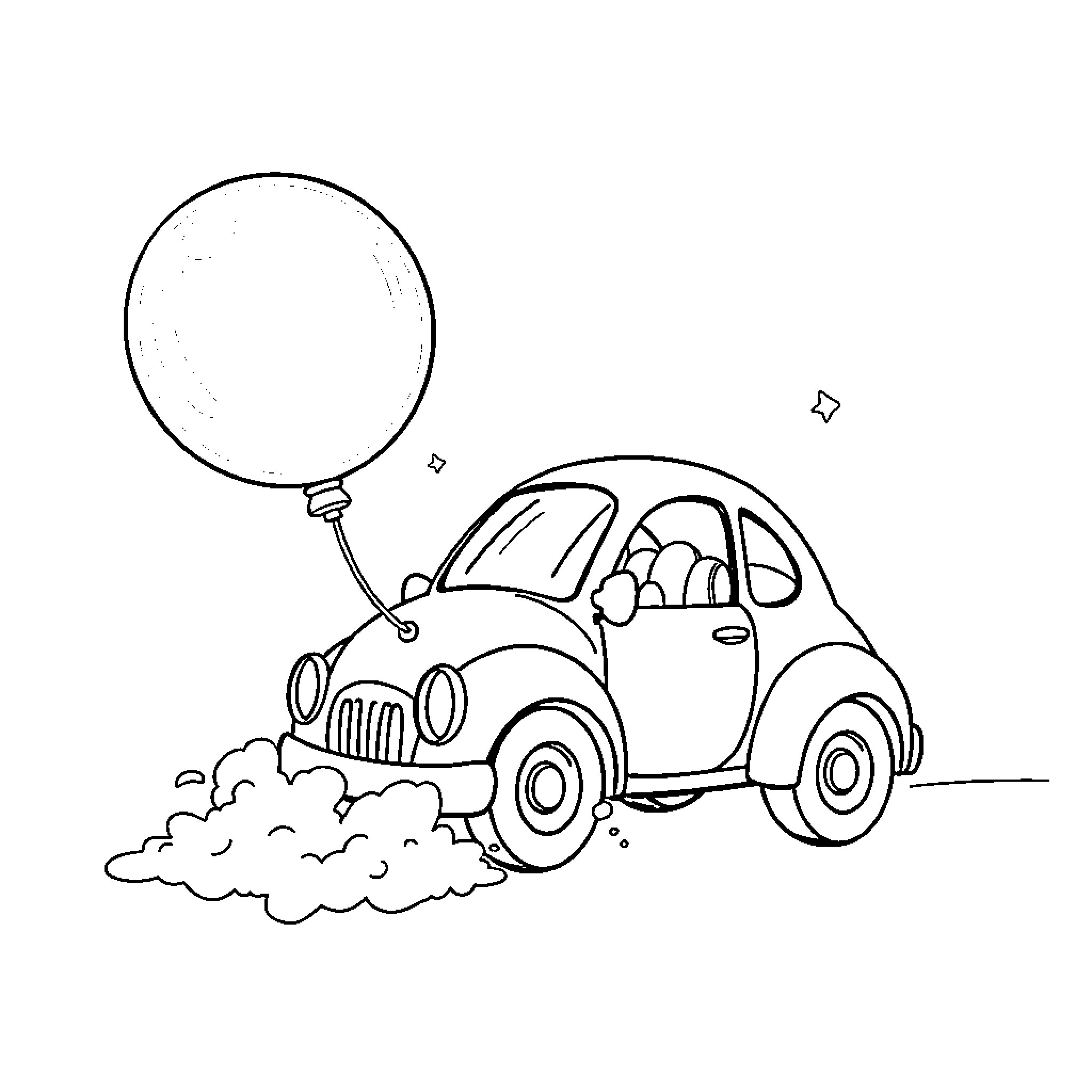 Bubble Car driving with a large balloon Coloring Page (free black-and-white line drawing printable PDF for all, from beginners to advanced learners, including children, teens, adults, and seniors)