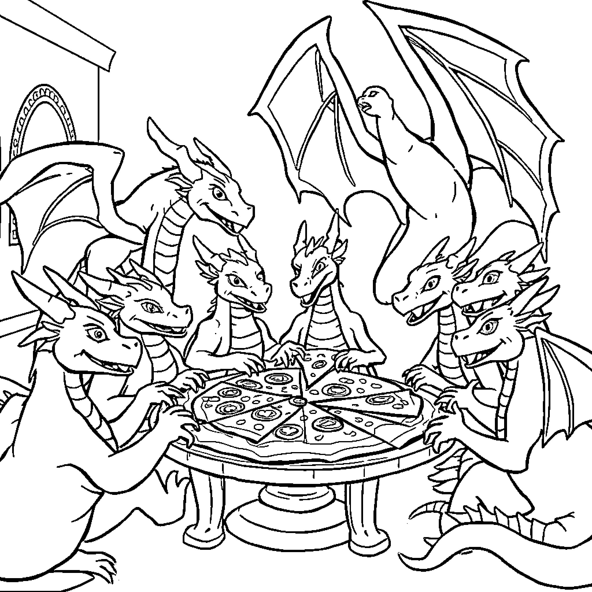 Dragon friends enjoying a feast together Coloring Page (free black-and-white line drawing printable PDF for all, from beginners to advanced learners, including children, teens, adults, and seniors)