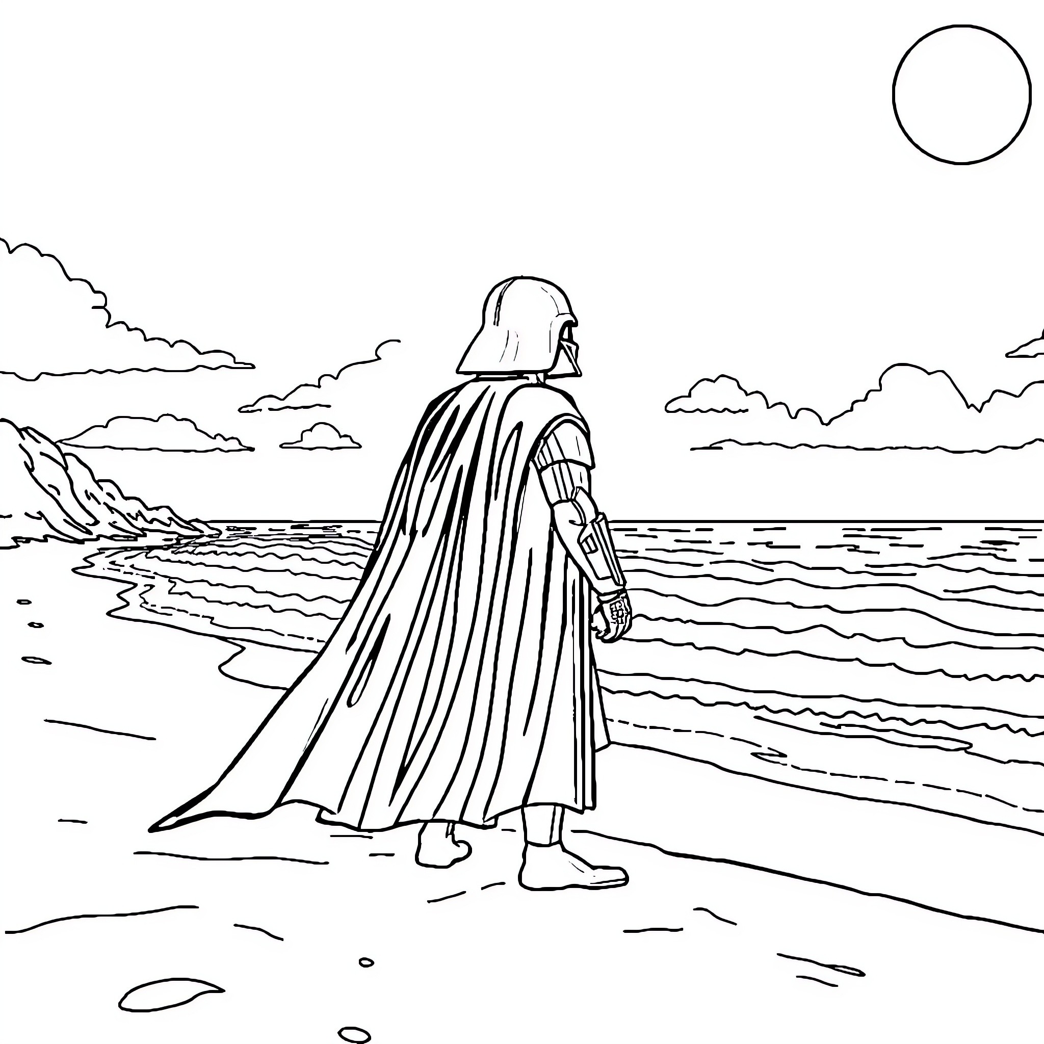 Kangaroo-themed character standing on beach Coloring Page (free black-and-white line drawing printable PDF for all, from beginners to advanced learners, including children, teens, adults, and seniors)