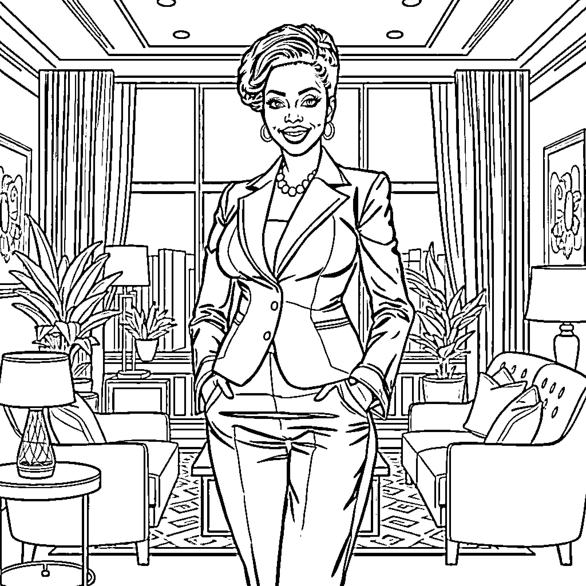 Woman in a formal business suit standing in an office Coloring Page (free black-and-white line drawing printable PDF for all, from beginners to advanced learners, including children, teens, adults, and seniors)