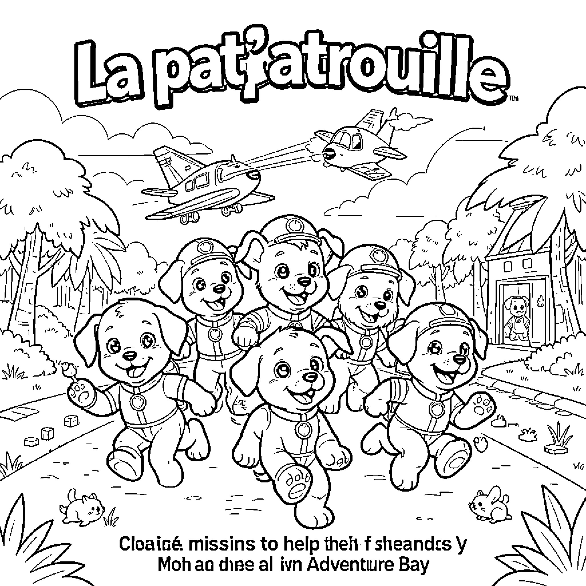 Paw Patrol pups running joyfully in Adventure Bay Coloring Page (free black-and-white line drawing printable PDF for all, from beginners to advanced learners, including children, teens, adults, and seniors)
