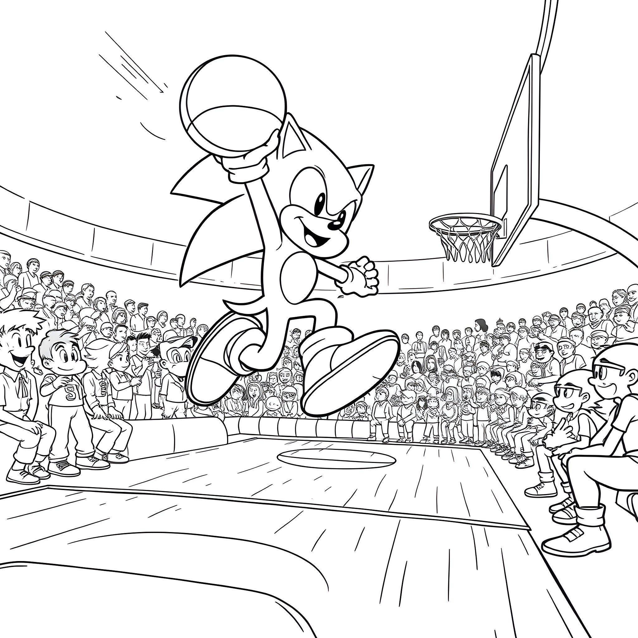 Sonic Leaping Triumphantly on Basketball Court Coloring Page (free black-and-white line drawing printable PDF for all, from beginners to advanced learners, including children, teens, adults, and seniors)