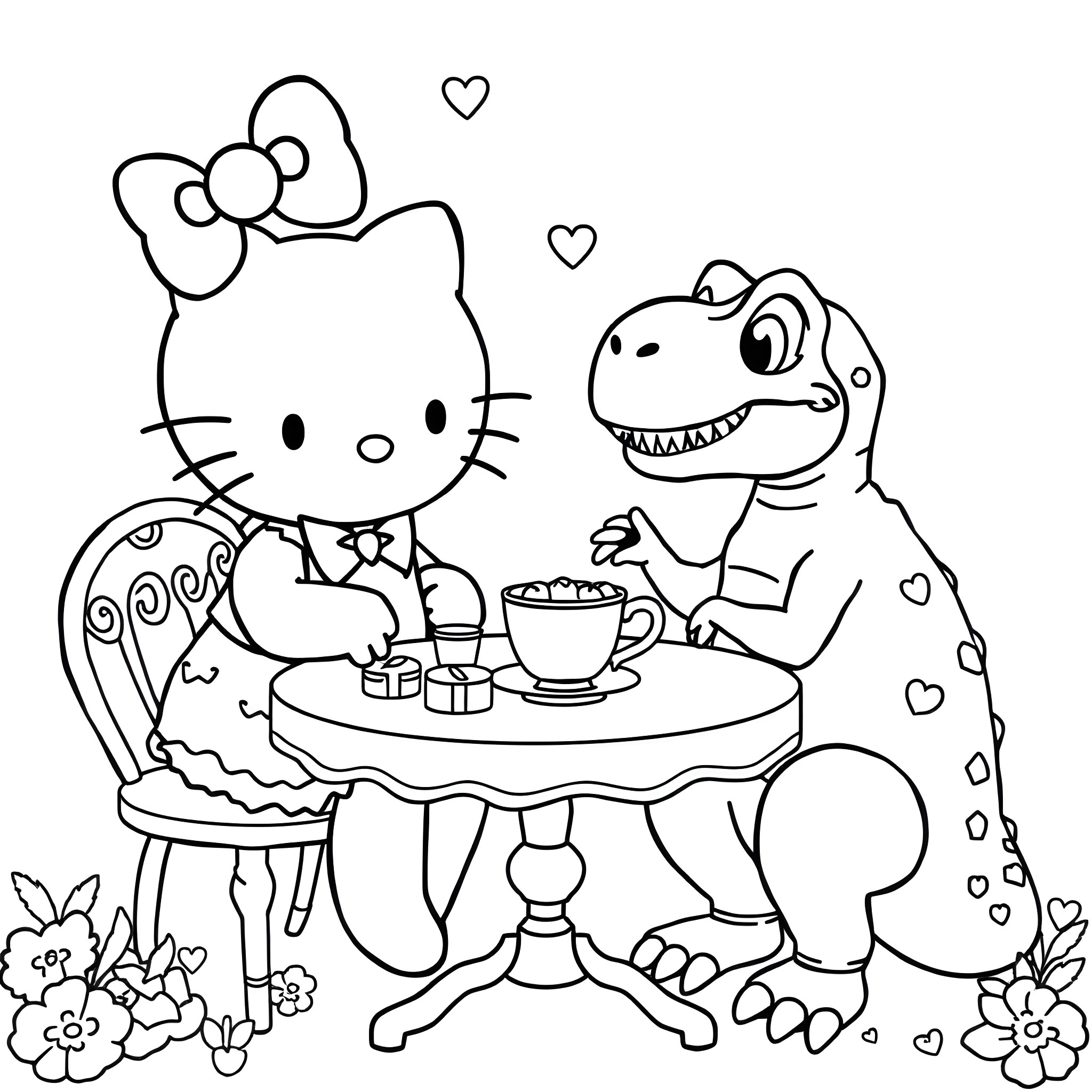 Hello Kitty having a tea party with dinosaur friend Coloring Page (free black-and-white line drawing printable PDF for all, from beginners to advanced learners, including children, teens, adults, and seniors)