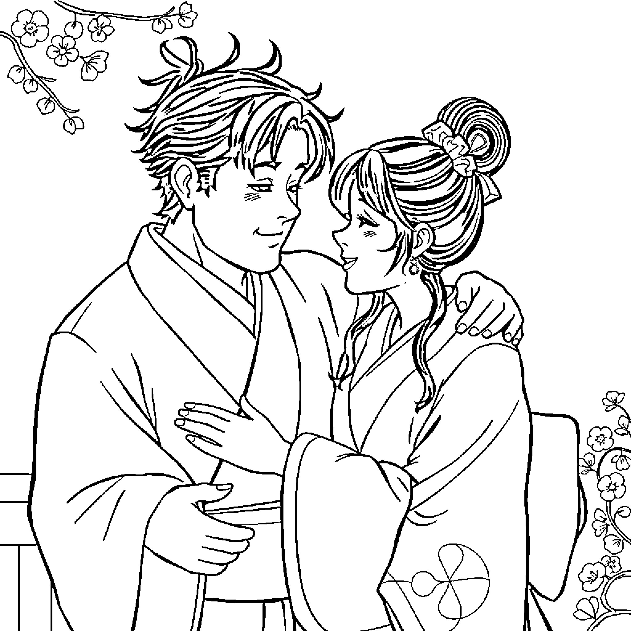 Tanjiro and Nezuko in a romantic embrace Coloring Page (free black-and-white line drawing printable PDF for all, from beginners to advanced learners, including children, teens, adults, and seniors)