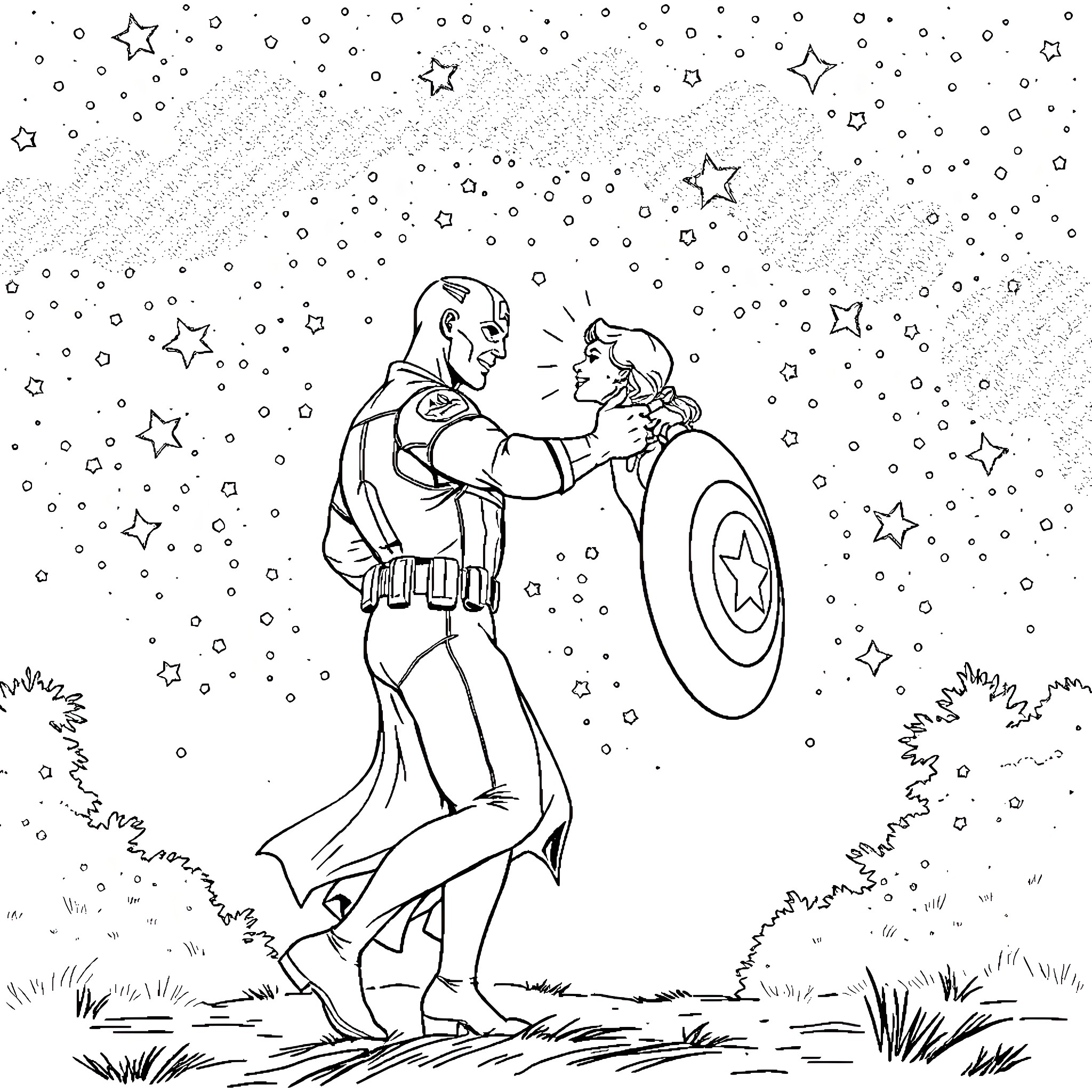 Captain America comforting a fellow hero in the starry night Coloring Page (free black-and-white line drawing printable PDF for all, from beginners to advanced learners, including children, teens, adults, and seniors)