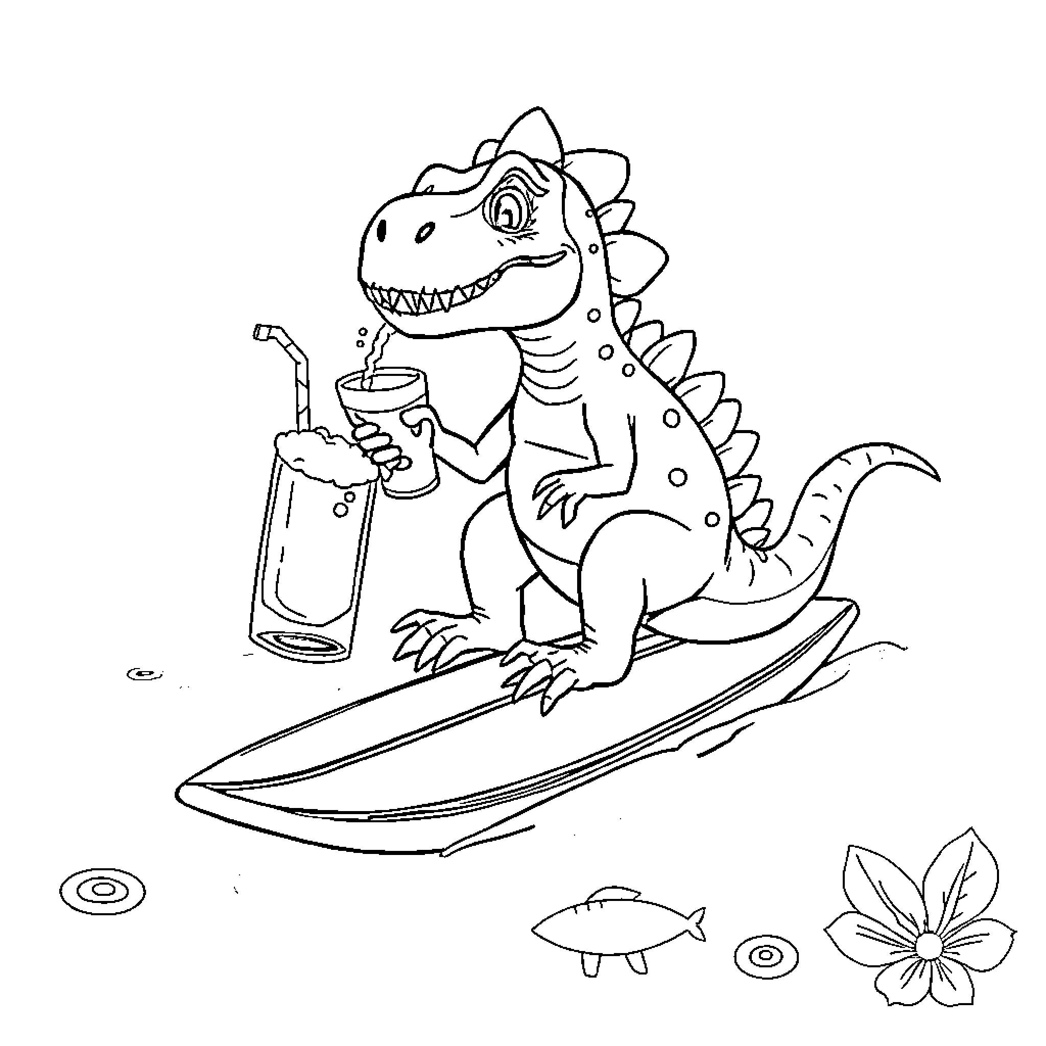 Dino surfs and sips a refreshing drink Coloring Page (free black-and-white line drawing printable PDF for all, from beginners to advanced learners, including children, teens, adults, and seniors)