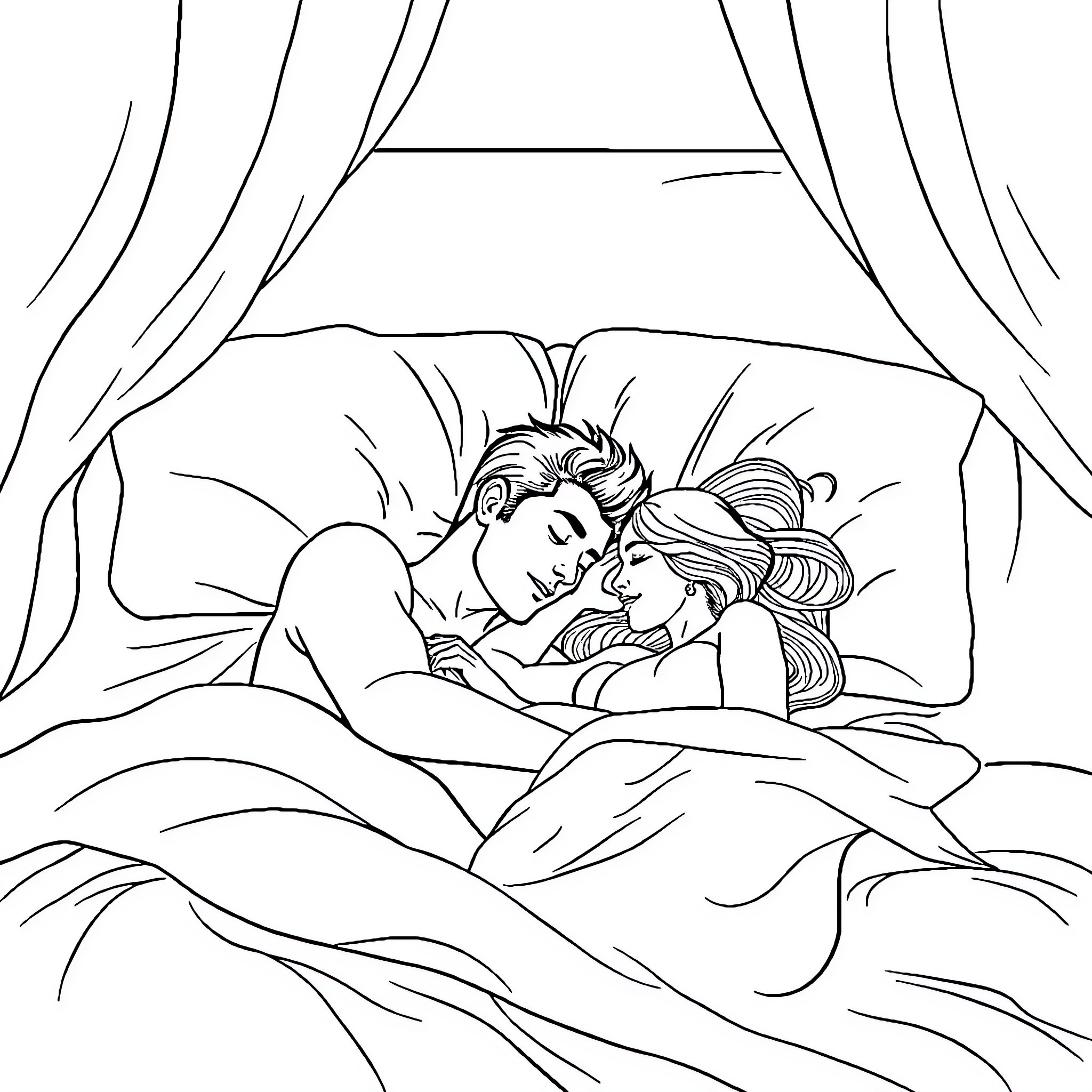 Couple snuggling intimately in bed Coloring Page (free black-and-white line drawing printable PDF for all, from beginners to advanced learners, including children, teens, adults, and seniors)