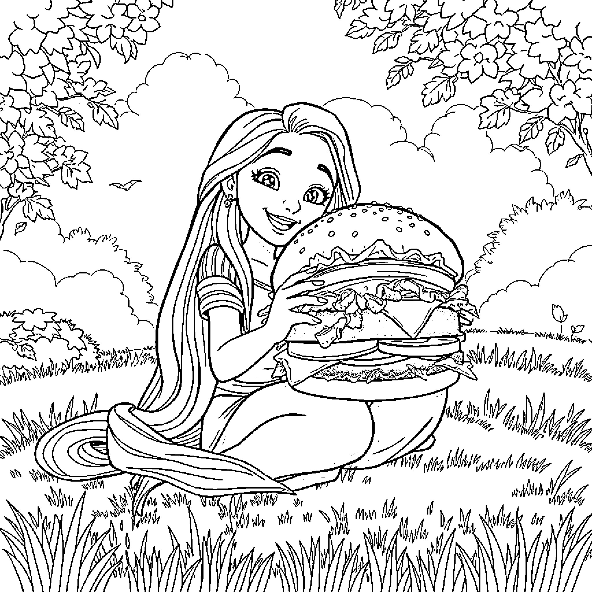 Rapunzel enjoys a giant burger in the meadow Coloring Page (free black-and-white line drawing printable PDF for all, from beginners to advanced learners, including children, teens, adults, and seniors)