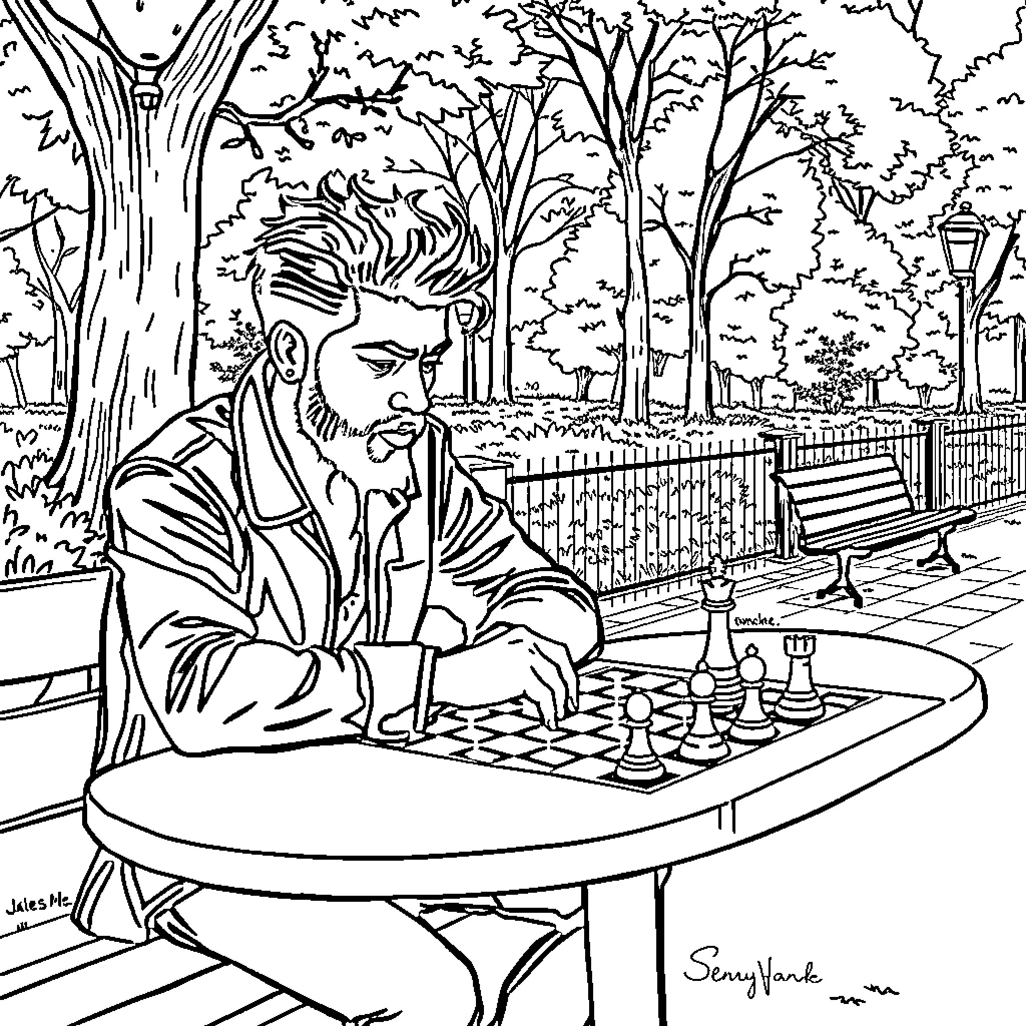 Jey Uso plays chess in the park Coloring Page (free black-and-white line drawing printable PDF for all, from beginners to advanced learners, including children, teens, adults, and seniors)