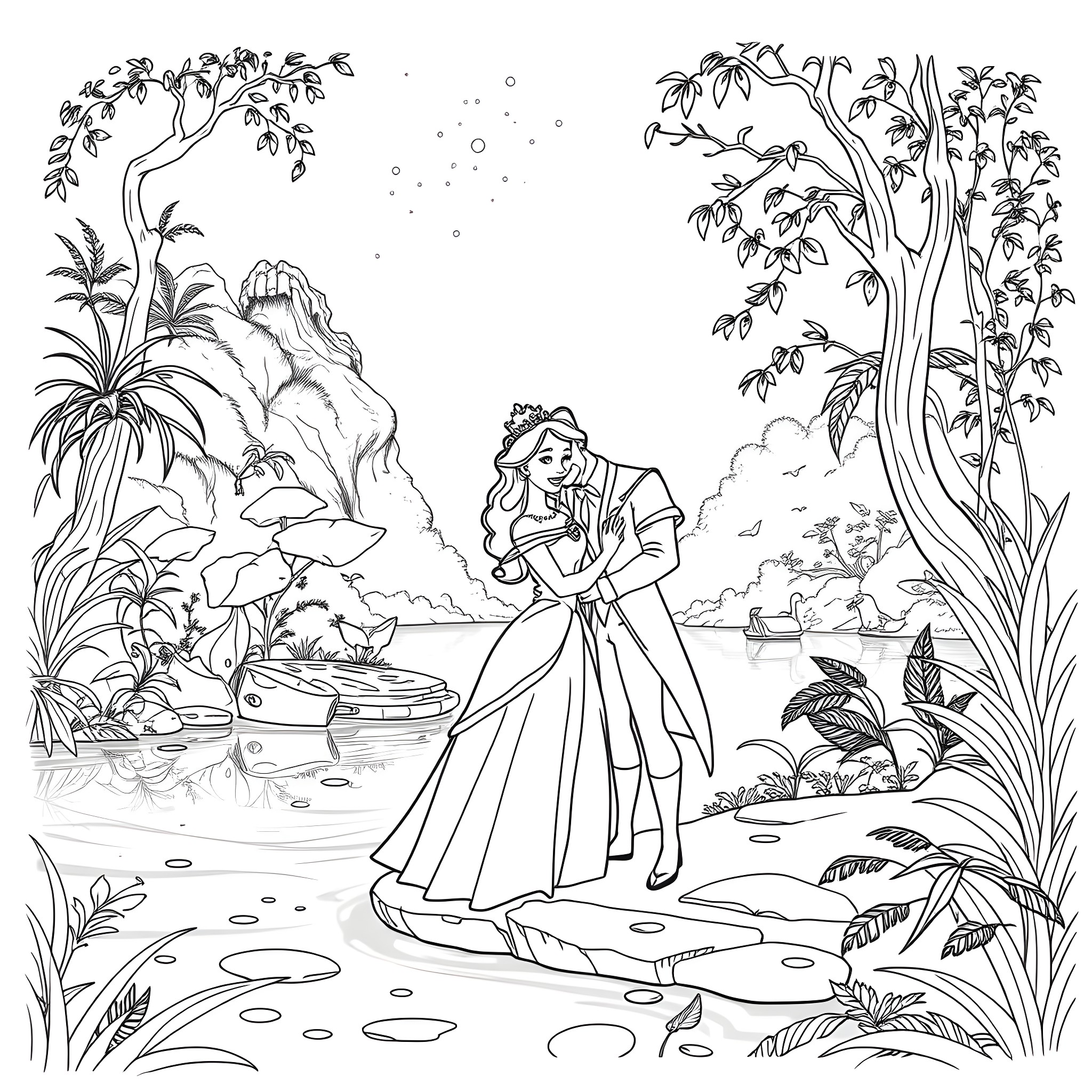 Princess in Magical Woodland Landscape Coloring Page (free black-and-white line drawing printable PDF for all, from beginners to advanced learners, including children, teens, adults, and seniors)