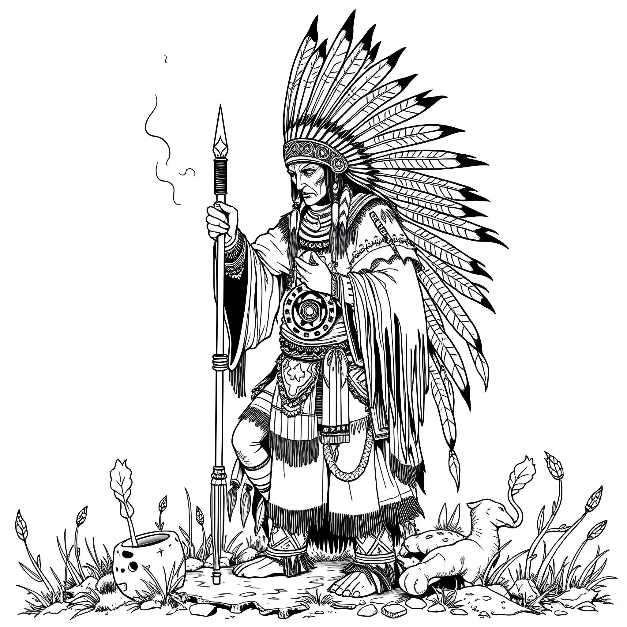 Shaman in ceremonial dress holding spear Coloring Page (free black-and-white line drawing printable PDF for all, from beginners to advanced learners, including children, teens, adults, and seniors)