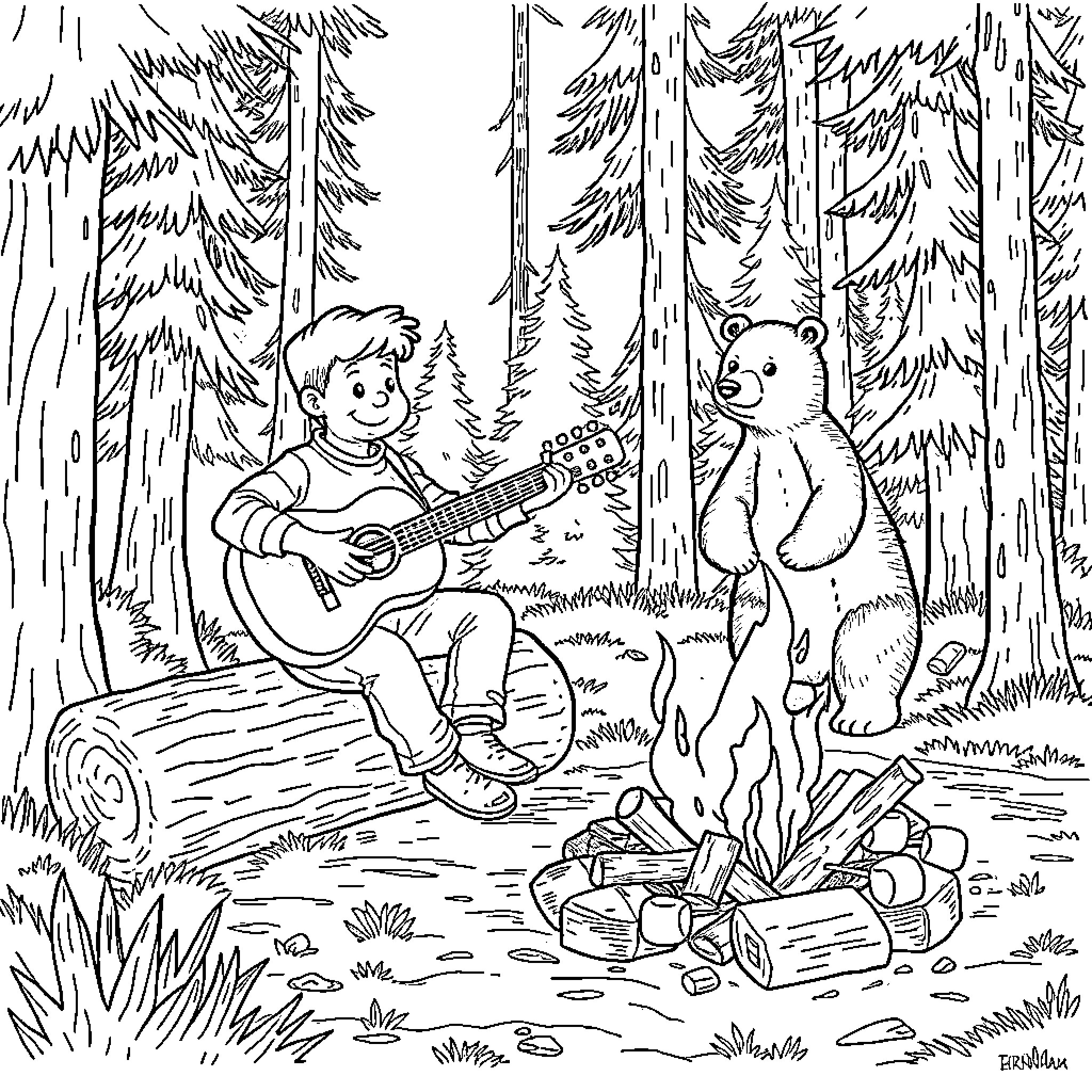 Bo Burnham singing and playing guitar in the forest with a bear Coloring Page (free black-and-white line drawing printable PDF for all, from beginners to advanced learners, including children, teens, adults, and seniors)