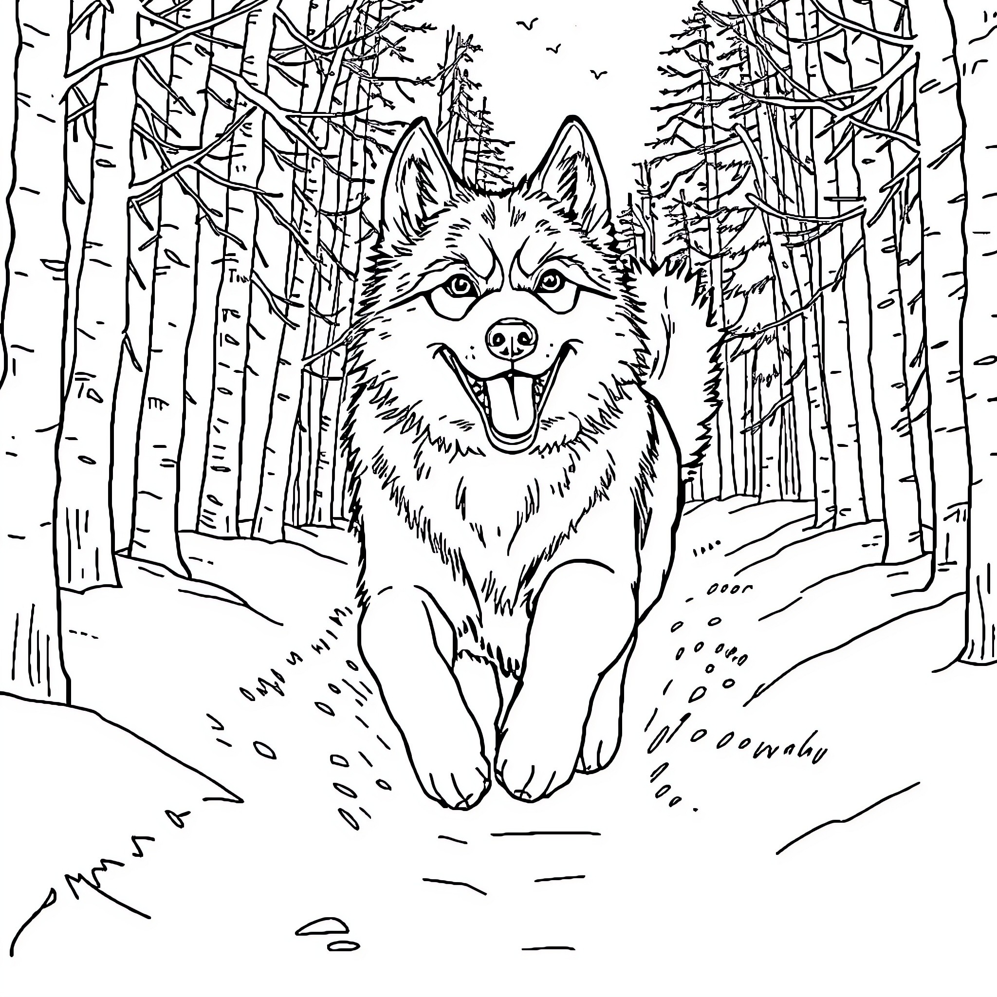 Husky playing joyfully in snowy forest Coloring Page (free black-and-white line drawing printable PDF for all, from beginners to advanced learners, including children, teens, adults, and seniors)