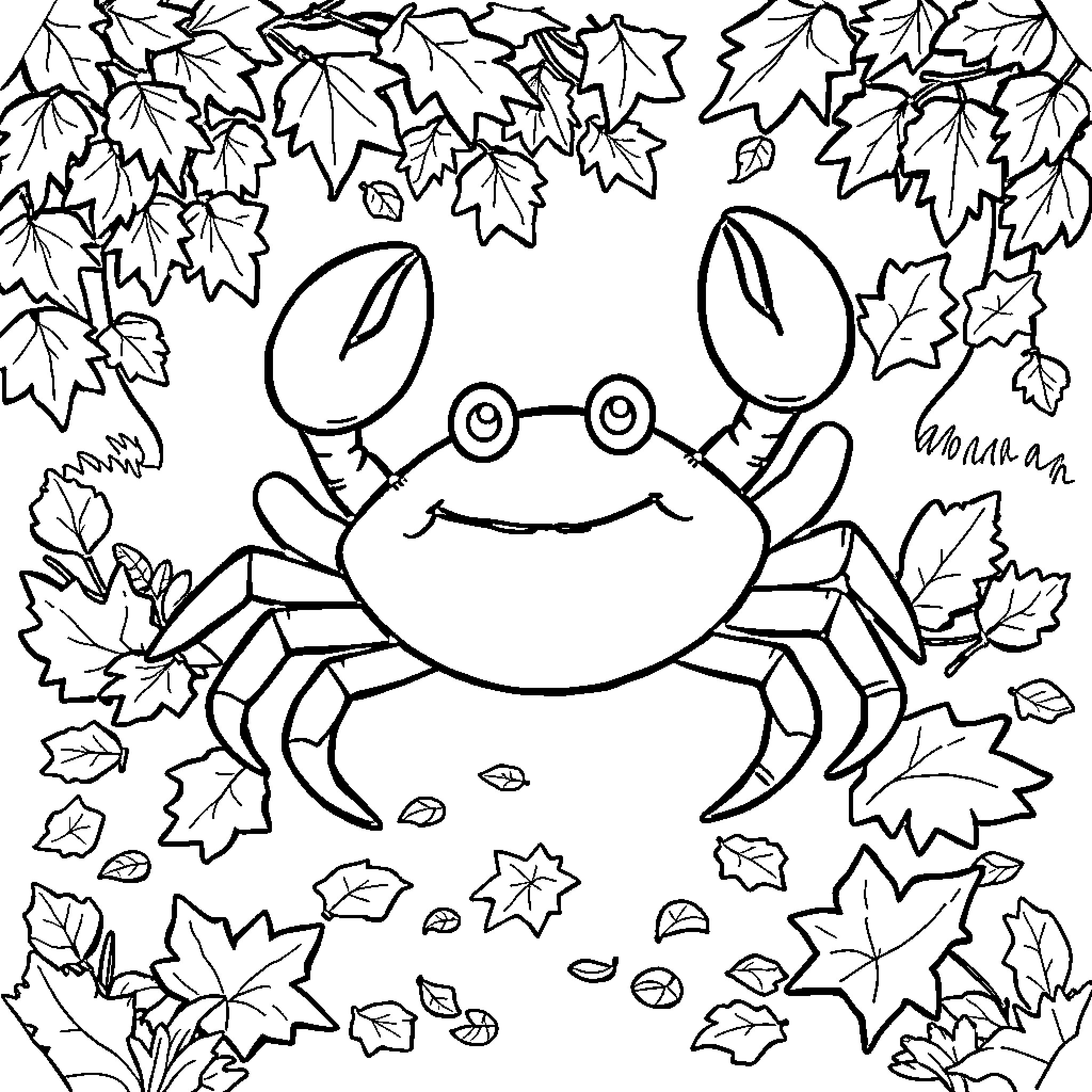 Crab surrounded by autumn leaves Coloring Page (free black-and-white line drawing printable PDF for all, from beginners to advanced learners, including children, teens, adults, and seniors)