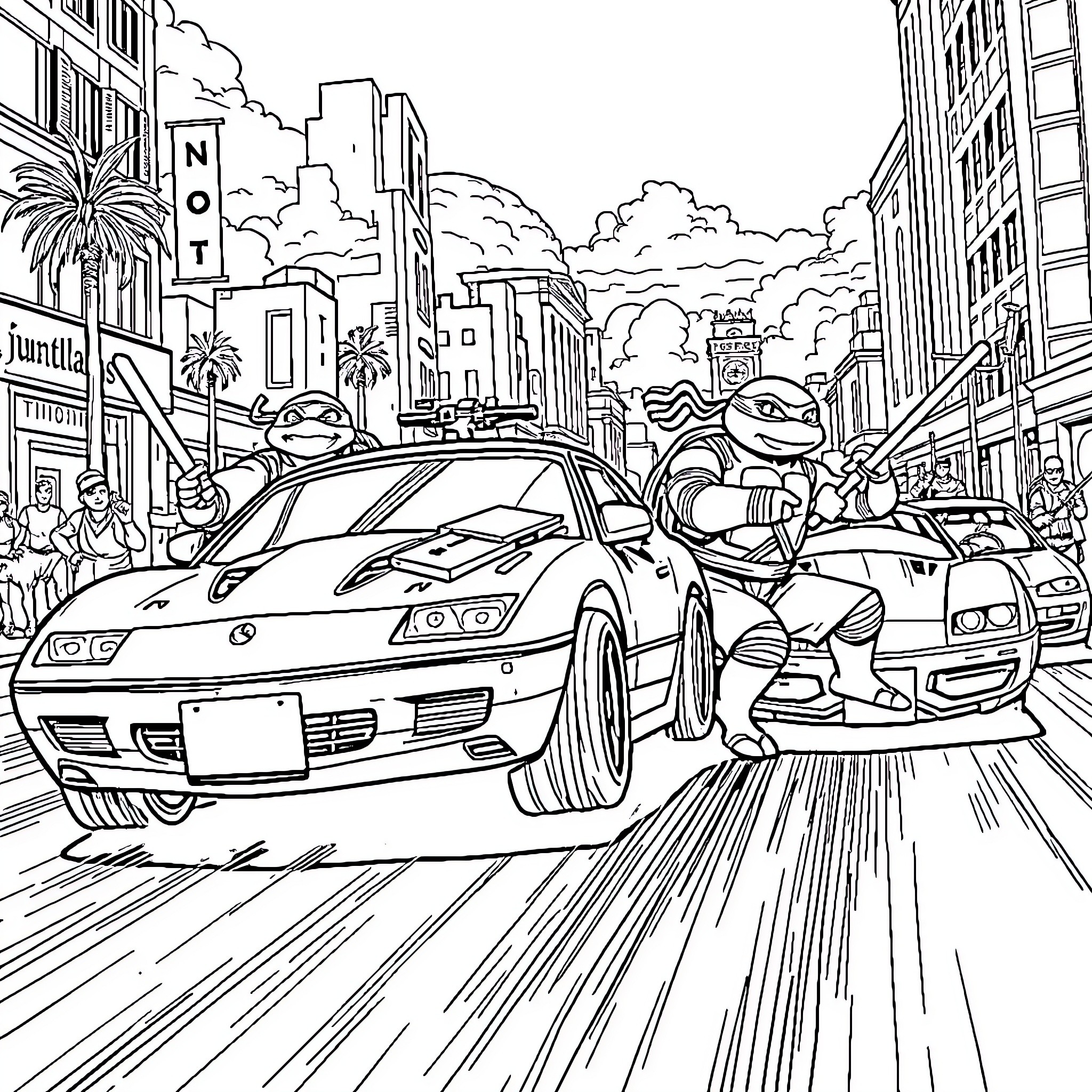 Ninja Turtles in a wild city chase scene Coloring Page (free black-and-white line drawing printable PDF for all, from beginners to advanced learners, including children, teens, adults, and seniors)