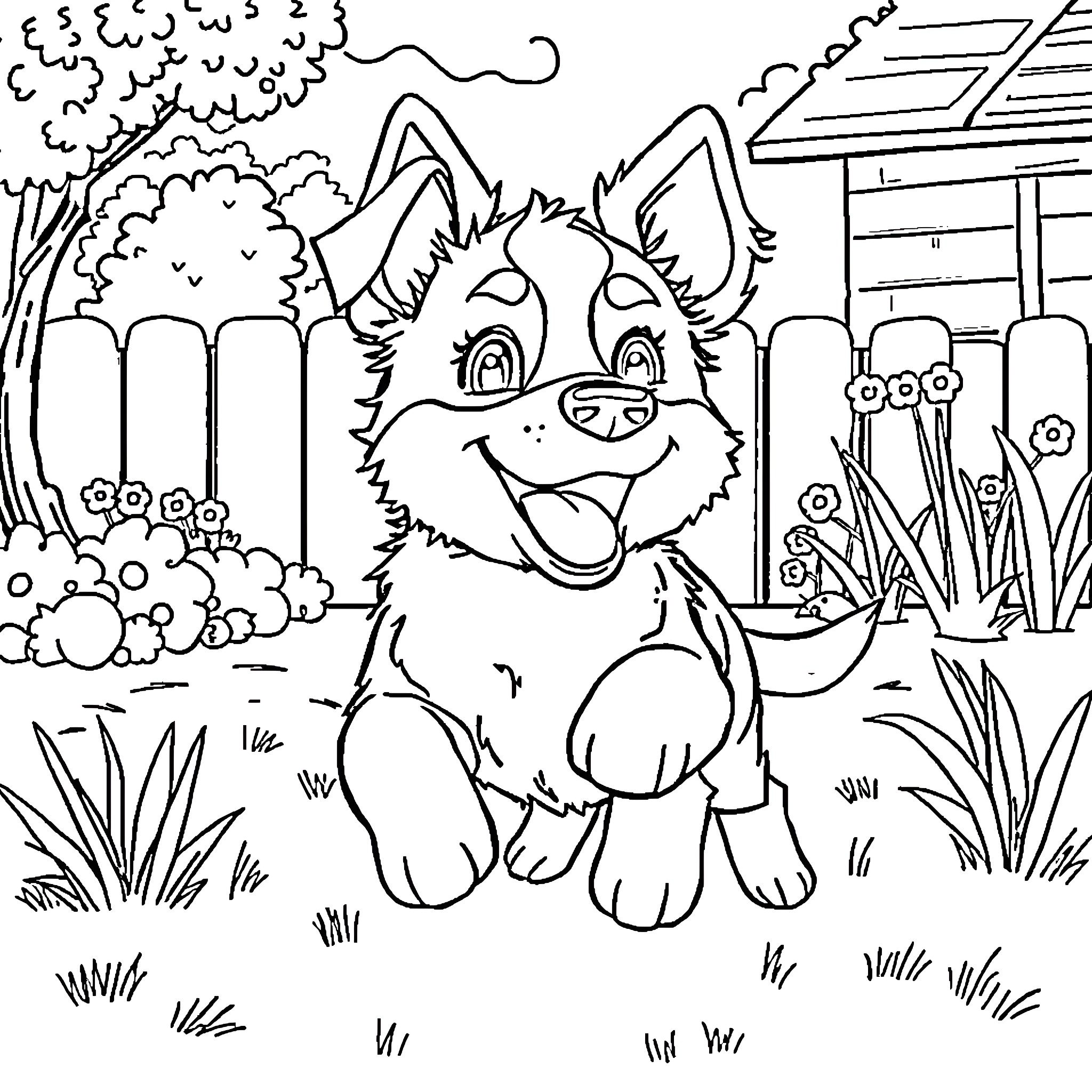 Bluey playing happily in the backyard Coloring Page (free black-and-white line drawing printable PDF for all, from beginners to advanced learners, including children, teens, adults, and seniors)