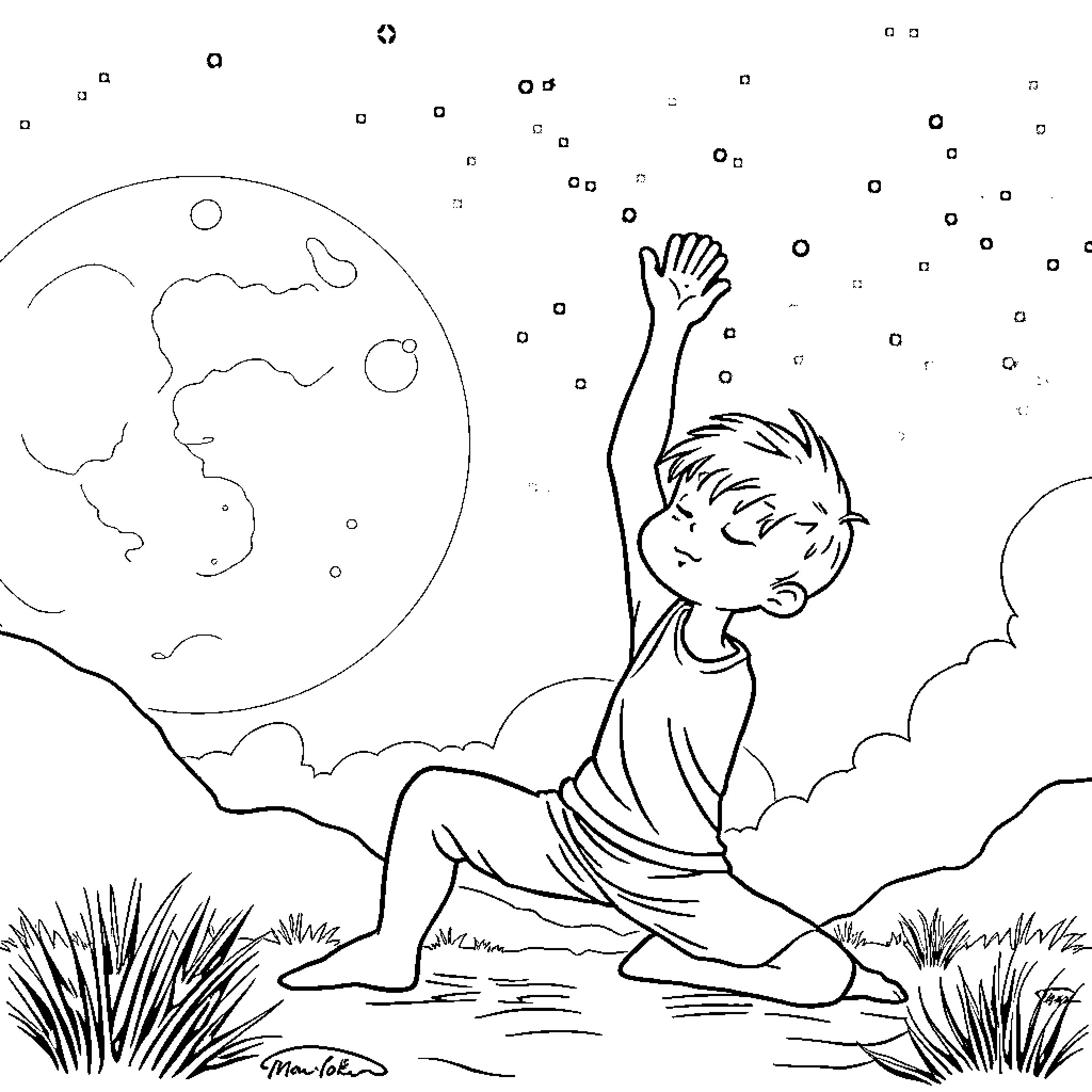 Jack reaching for the stars in the moonlight Coloring Page (free black-and-white line drawing printable PDF for all, from beginners to advanced learners, including children, teens, adults, and seniors)
