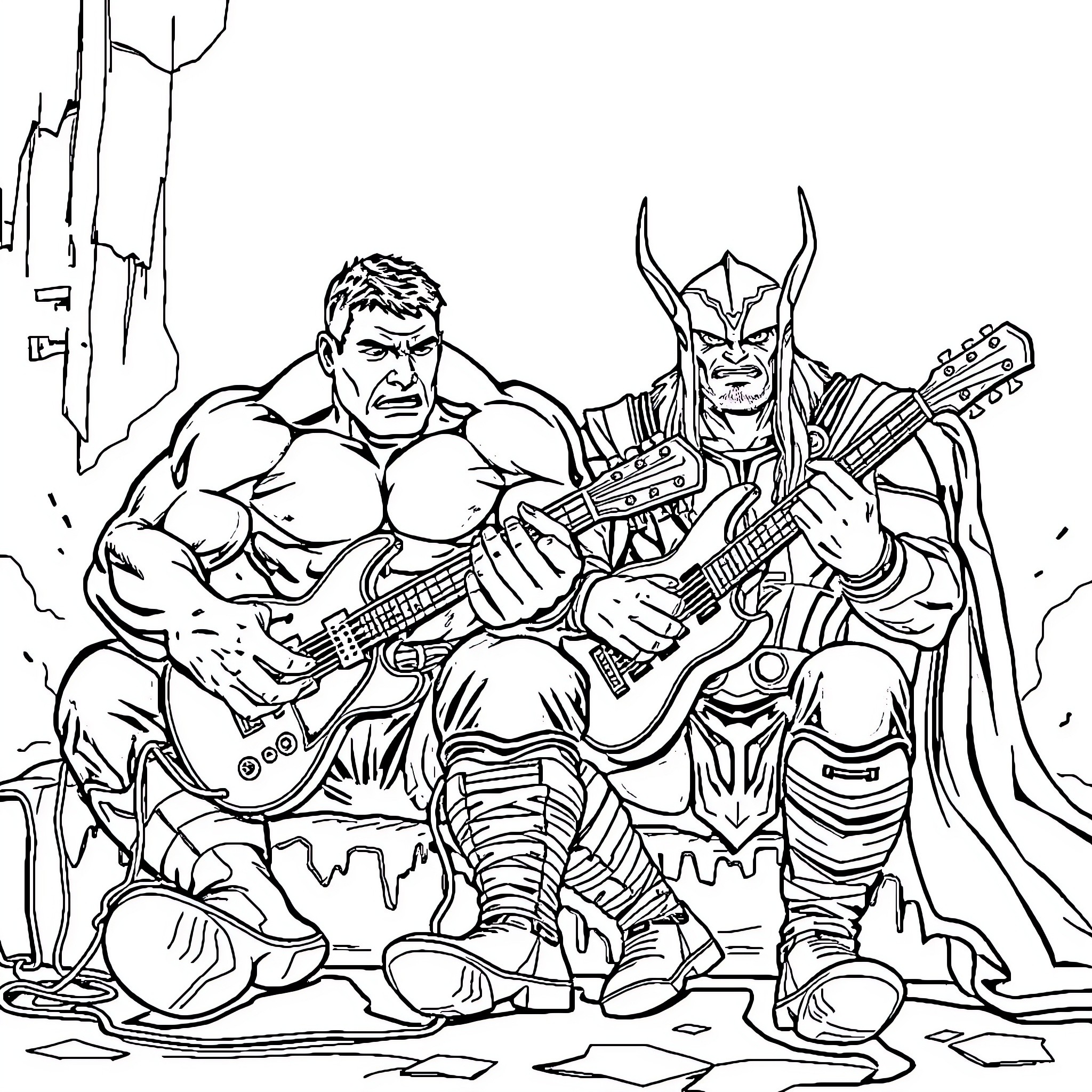 Hulk and Powerful Ally Rocking Out Coloring Page (free black-and-white line drawing printable PDF for all, from beginners to advanced learners, including children, teens, adults, and seniors)