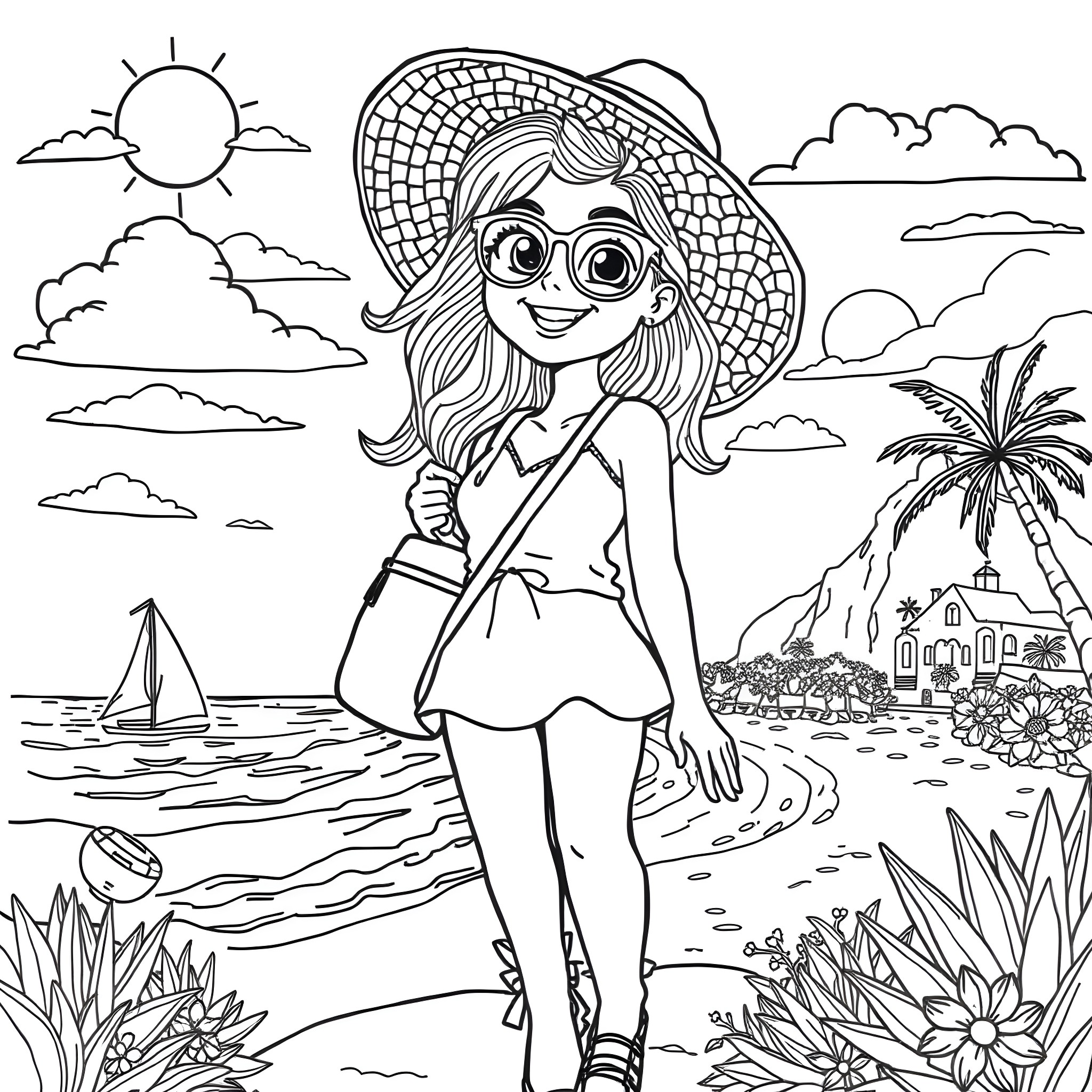 Bonnie Blue's Beach Adventure Coloring Page (free black-and-white line drawing printable PDF for all, from beginners to advanced learners, including children, teens, adults, and seniors)