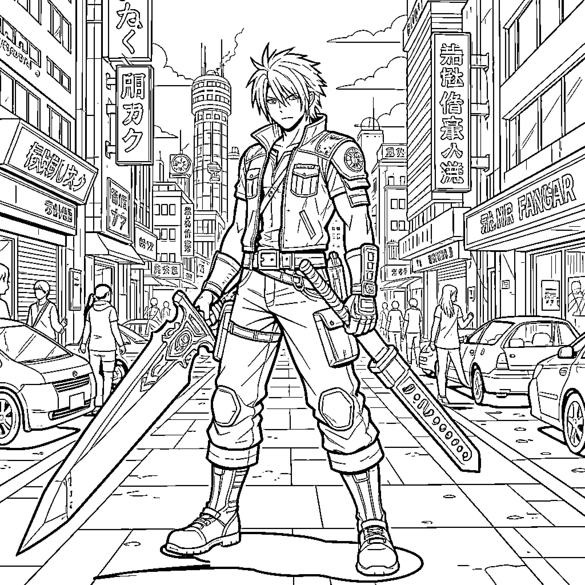 Cloud Strife exploring the city streets Coloring Page (free black-and-white line drawing printable PDF for all, from beginners to advanced learners, including children, teens, adults, and seniors)