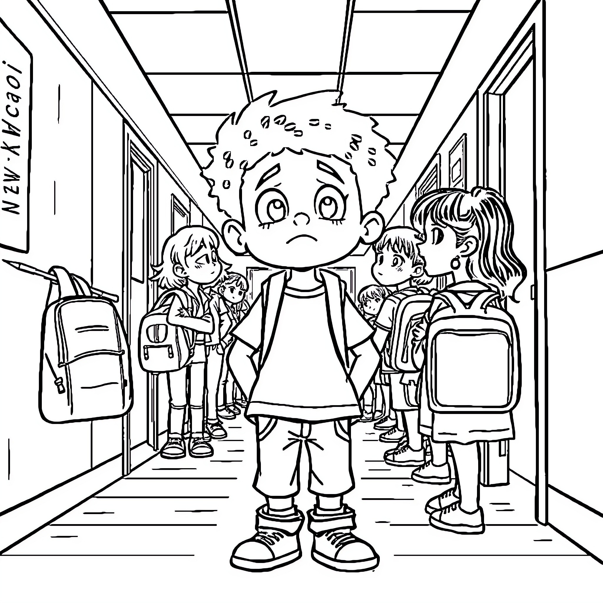 Kid feeling anxious at school Coloring Page (free black-and-white line drawing printable PDF for all, from beginners to advanced learners, including children, teens, adults, and seniors)
