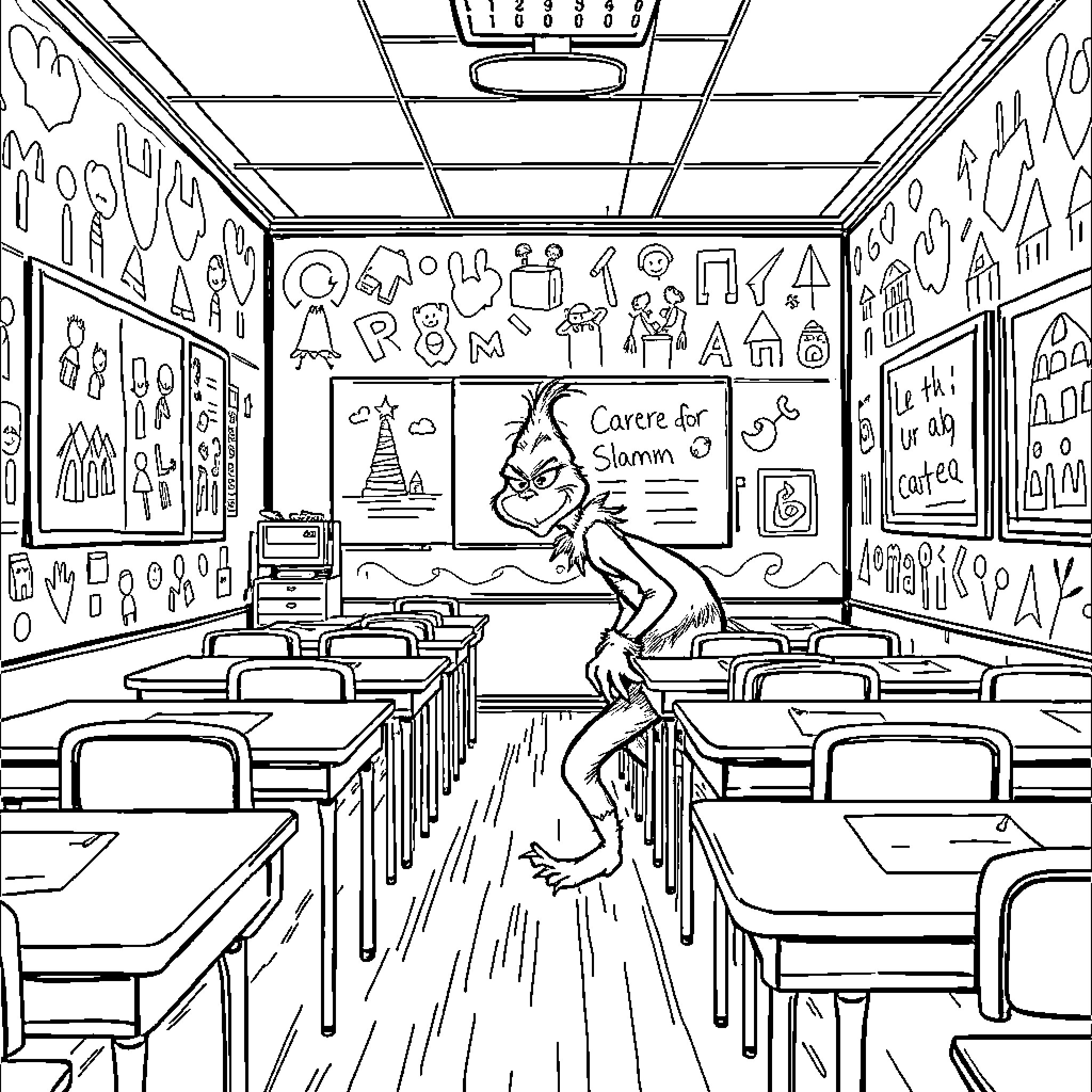 Grinch wreaking havoc in the classroom Coloring Page (free black-and-white line drawing printable PDF for all, from beginners to advanced learners, including children, teens, adults, and seniors)