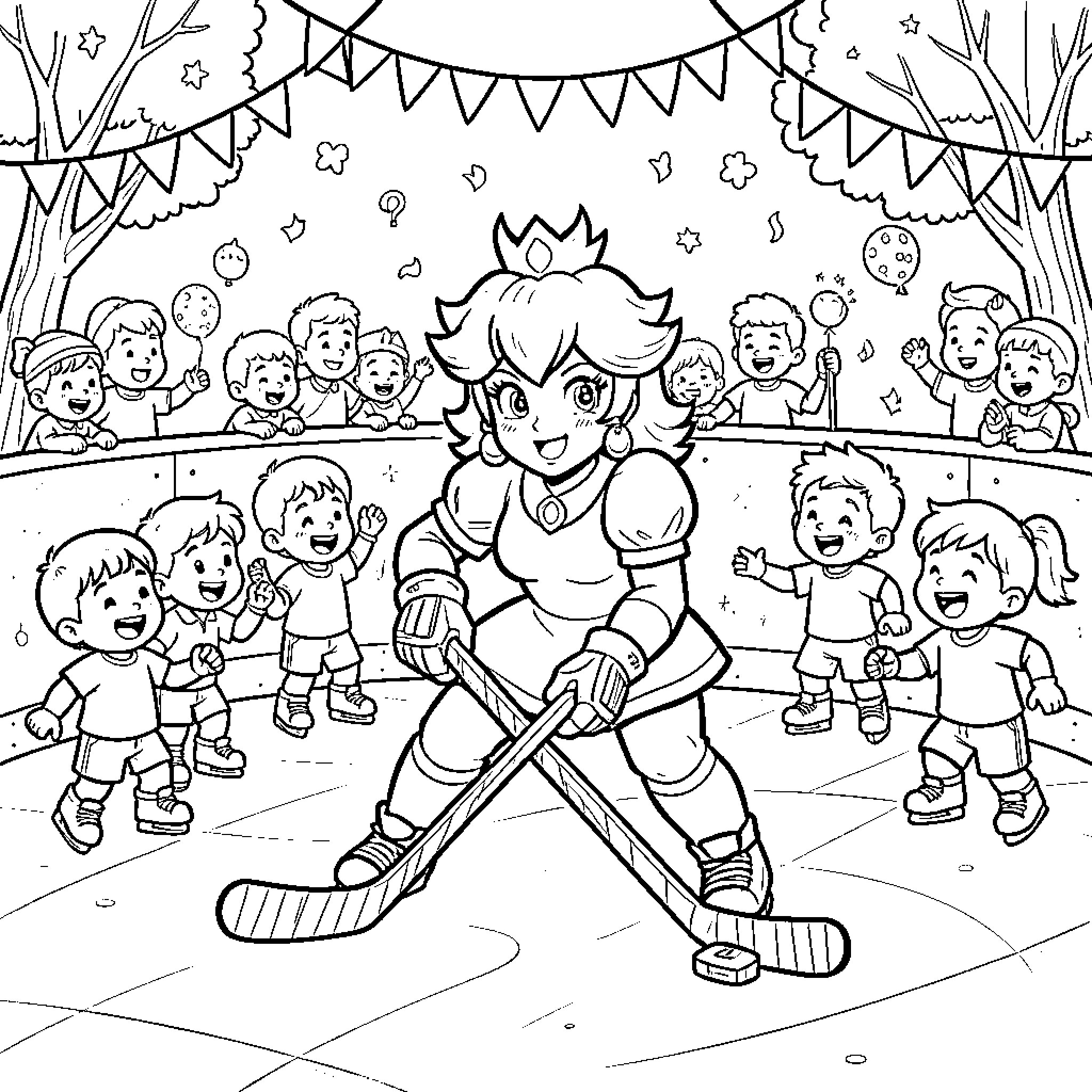 Princess Peach playing ice hockey with a crowd Coloring Page (free black-and-white line drawing printable PDF for all, from beginners to advanced learners, including children, teens, adults, and seniors)
