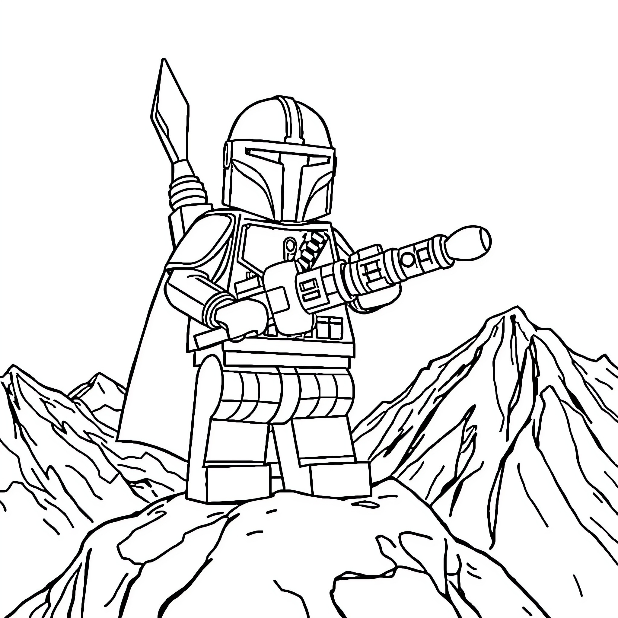Mandalorian warrior in action pose with blaster rifle Coloring Page (free black-and-white line drawing printable PDF for all, from beginners to advanced learners, including children, teens, adults, and seniors)