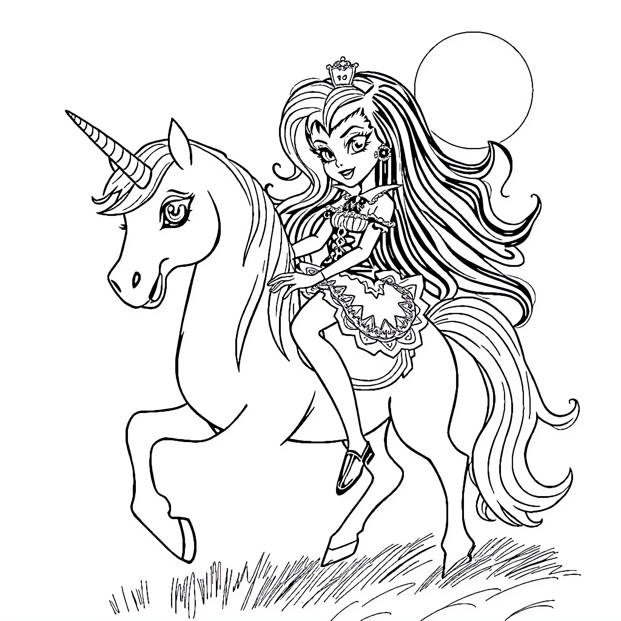Draculaura riding a majestic unicorn in a whimsical scene Coloring Page (free black-and-white line drawing printable PDF for all, from beginners to advanced learners, including children, teens, adults, and seniors)