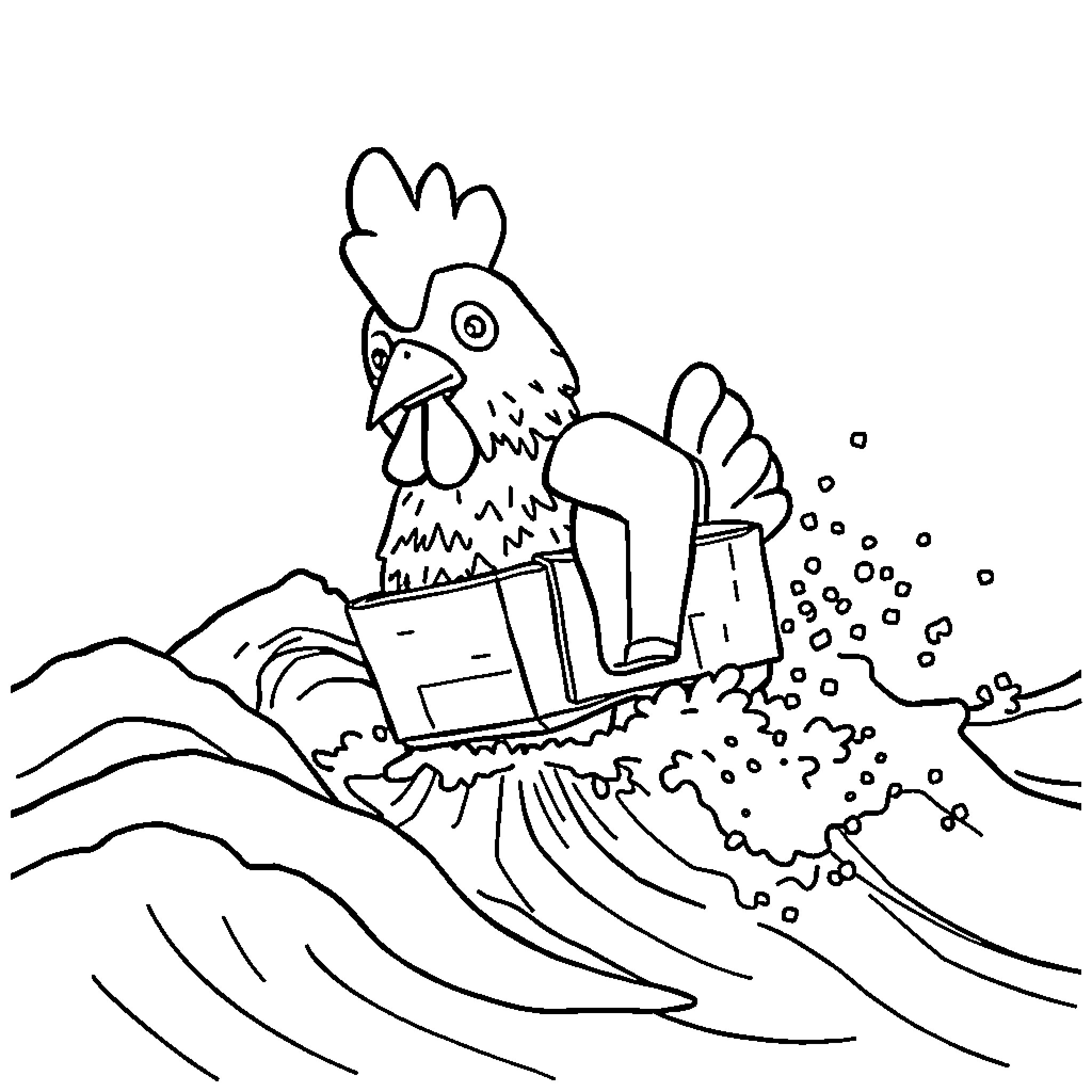Chicken Surfing on Waves Coloring Page (free black-and-white line drawing printable PDF for all, from beginners to advanced learners, including children, teens, adults, and seniors)