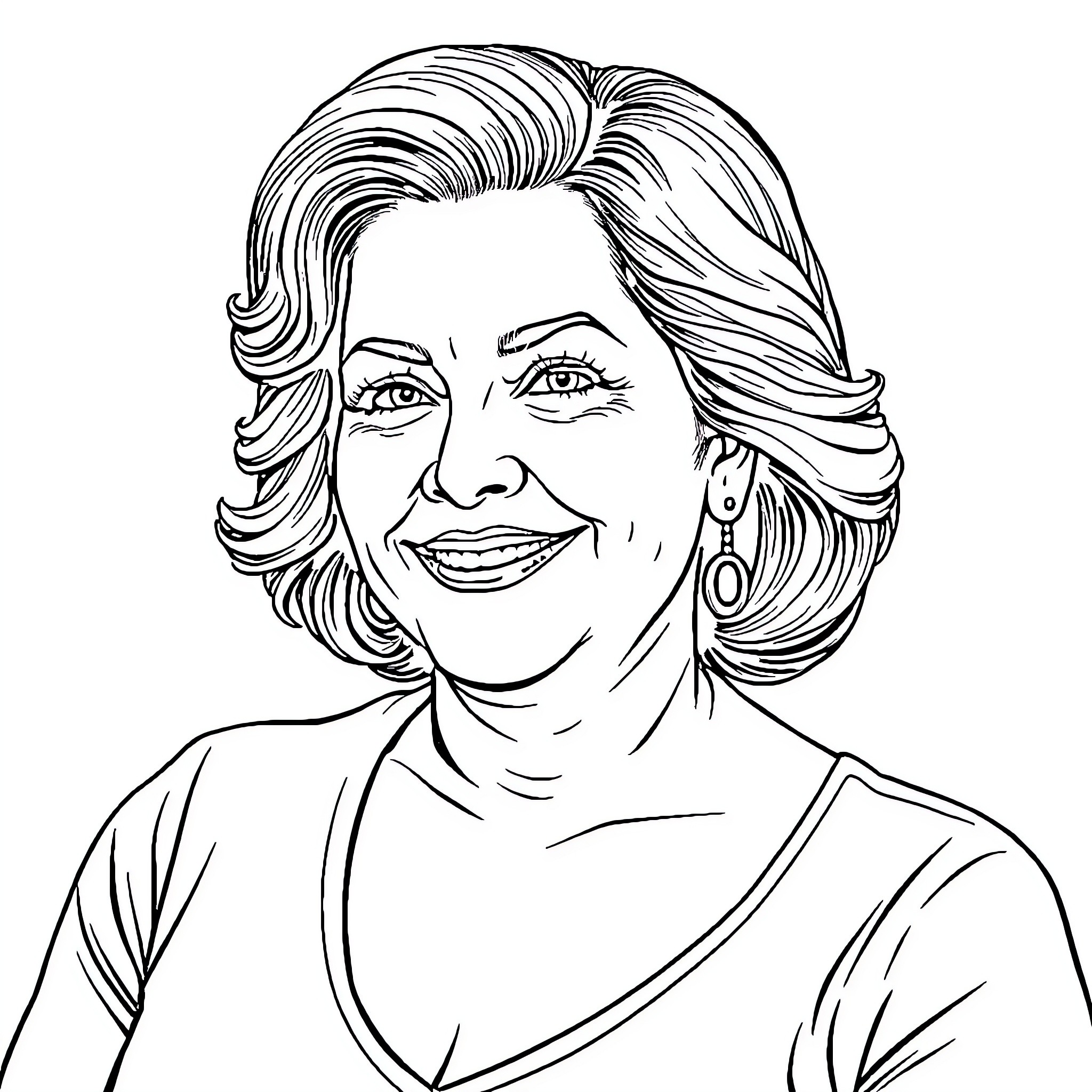 Woman with warm smile and styled hair Coloring Page (free black-and-white line drawing printable PDF for all, from beginners to advanced learners, including children, teens, adults, and seniors)
