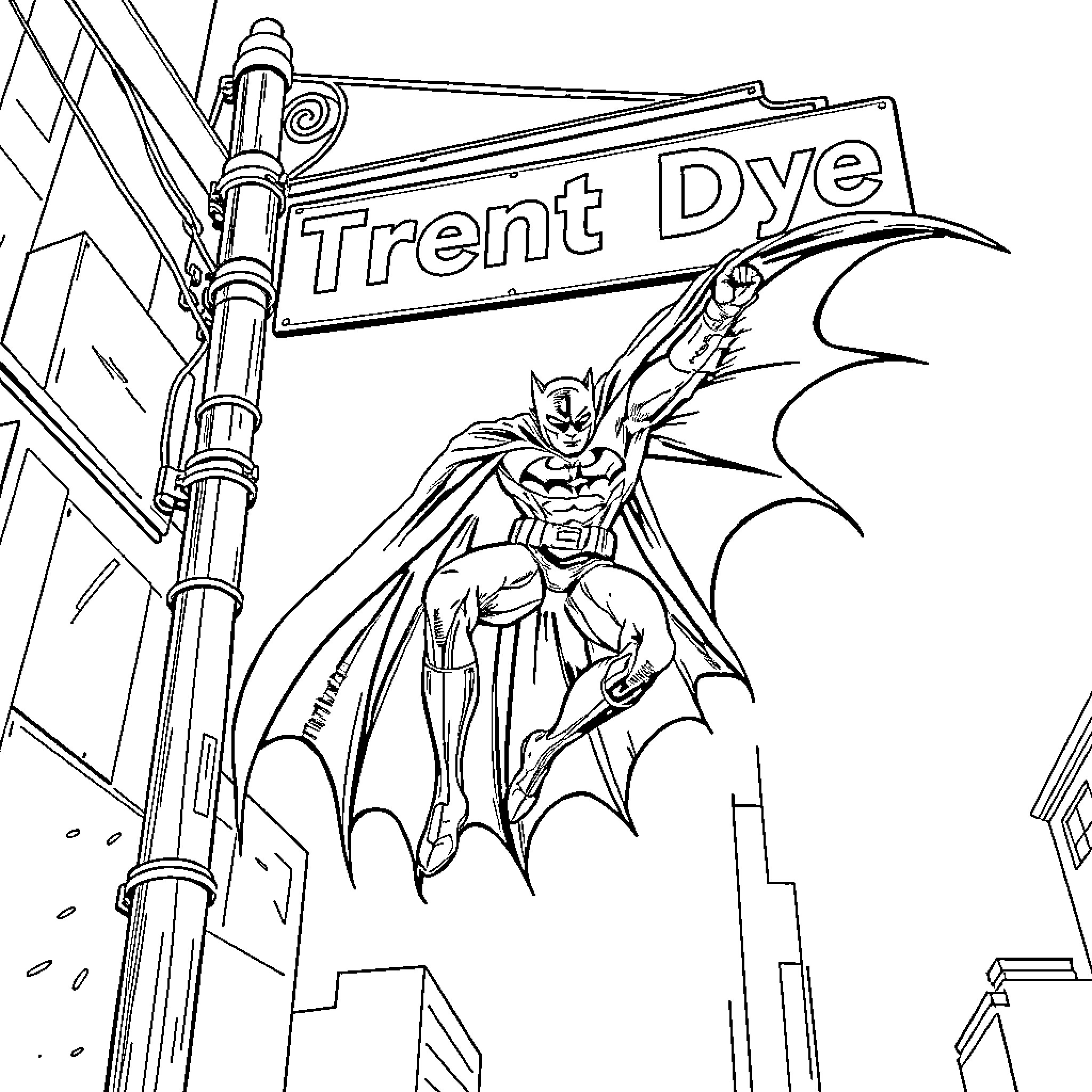 Batman Soaring Over Trent Dye Street Coloring Page (free black-and-white line drawing printable PDF for all, from beginners to advanced learners, including children, teens, adults, and seniors)