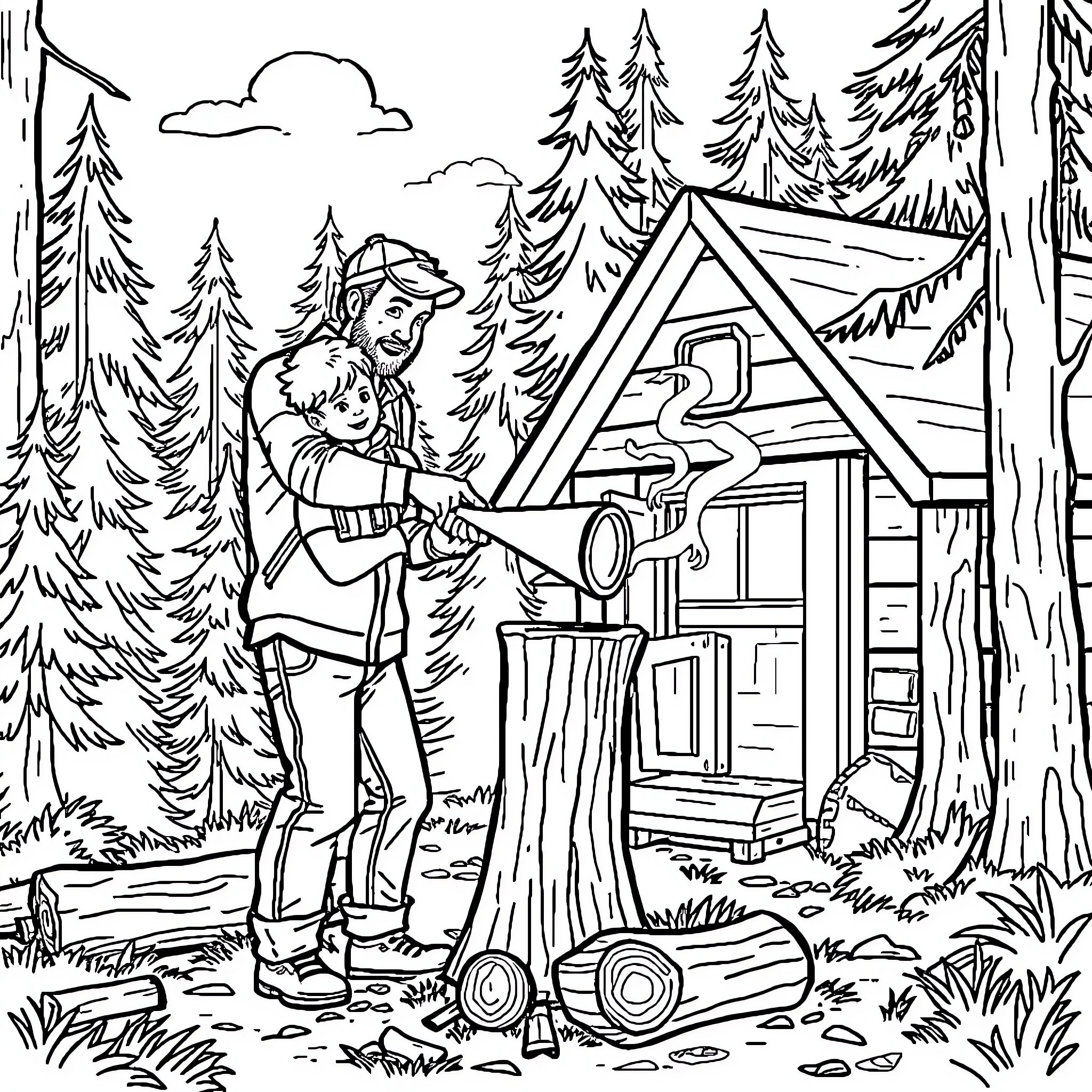 Dad camping with child in the forest Coloring Page (free black-and-white line drawing printable PDF for all, from beginners to advanced learners, including children, teens, adults, and seniors)