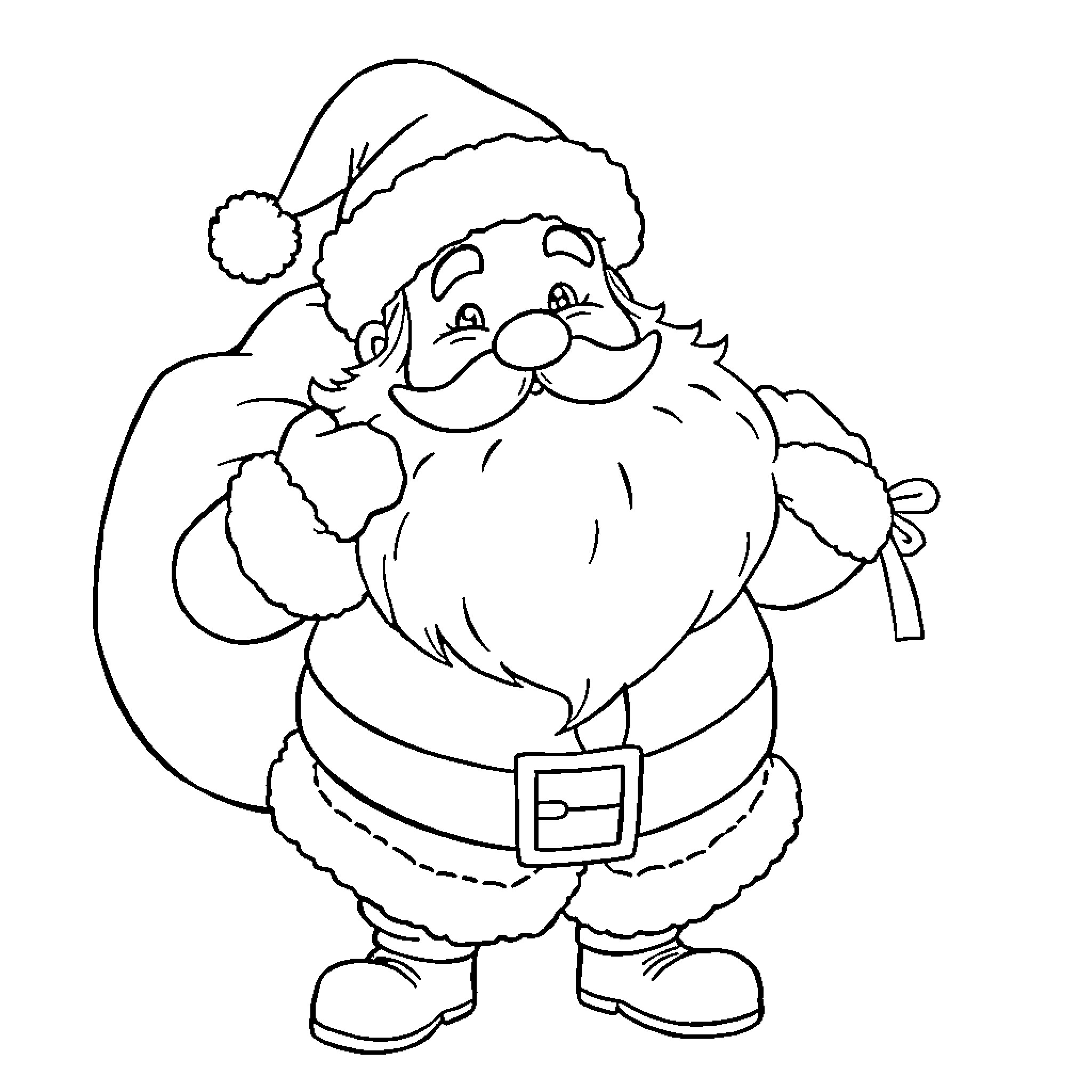 Santa Claus with a sack of presents Coloring Page (free black-and-white line drawing printable PDF for all, from beginners to advanced learners, including children, teens, adults, and seniors)