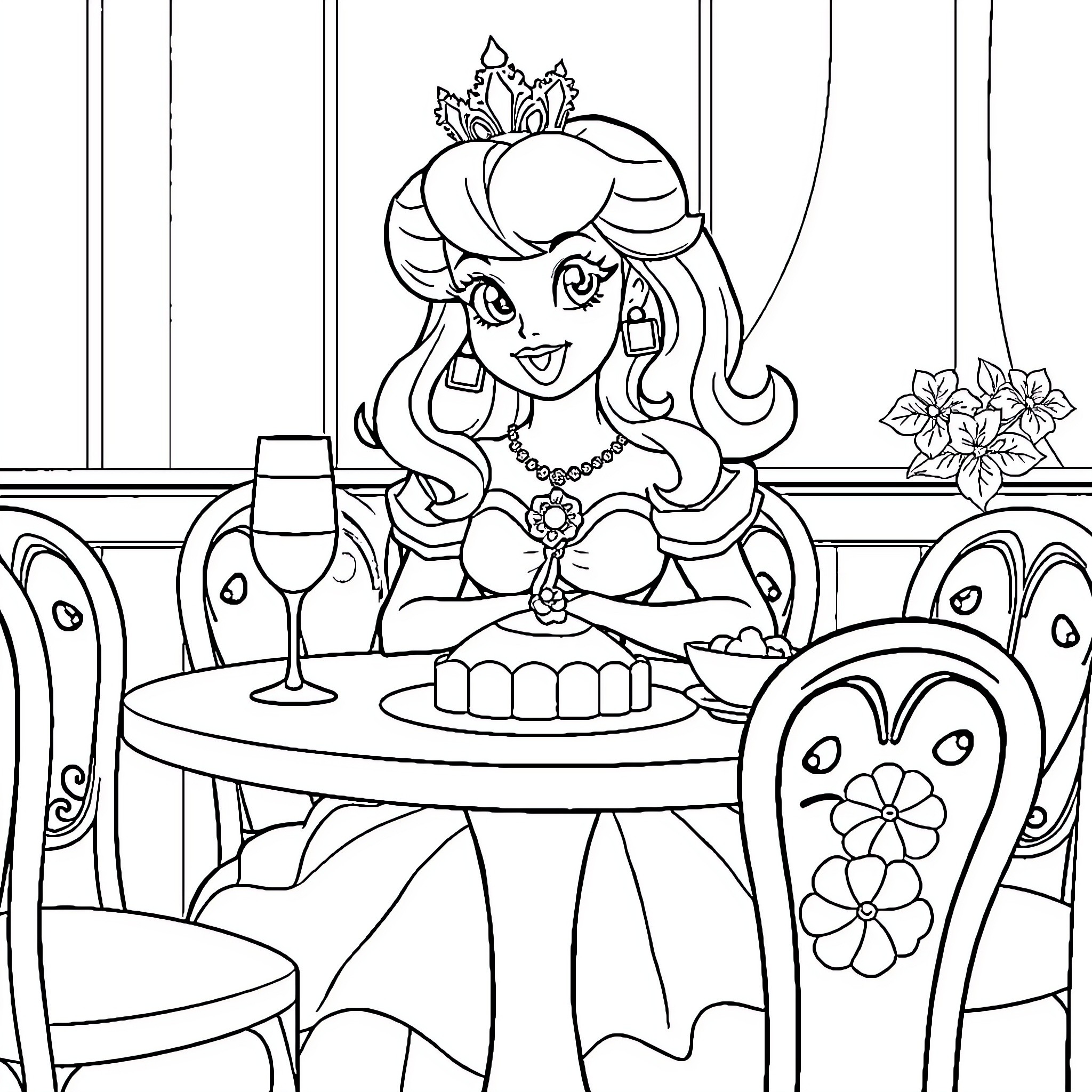 Princess Peach enjoys a fancy tea party Coloring Page (free black-and-white line drawing printable PDF for all, from beginners to advanced learners, including children, teens, adults, and seniors)