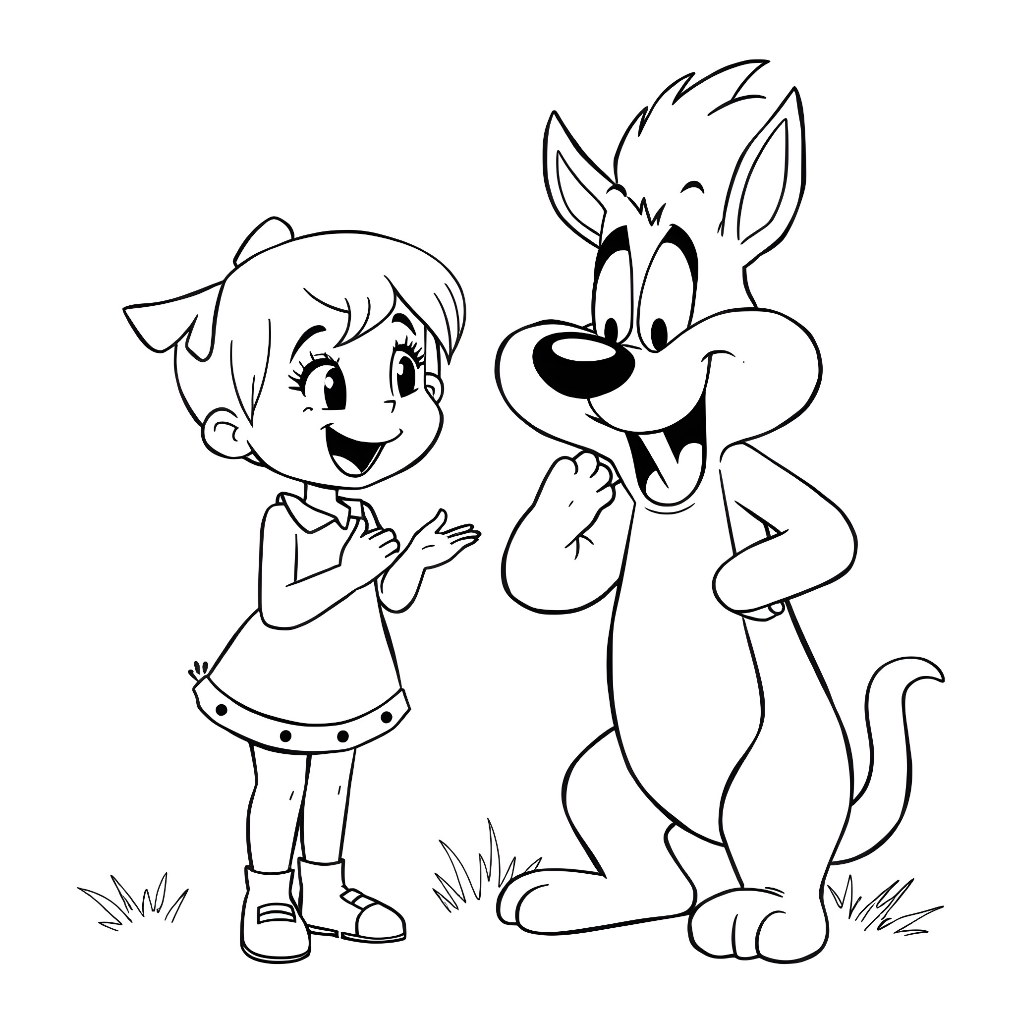 Gabby and her cartoon dog companion Coloring Page (free black-and-white line drawing printable PDF for all, from beginners to advanced learners, including children, teens, adults, and seniors)