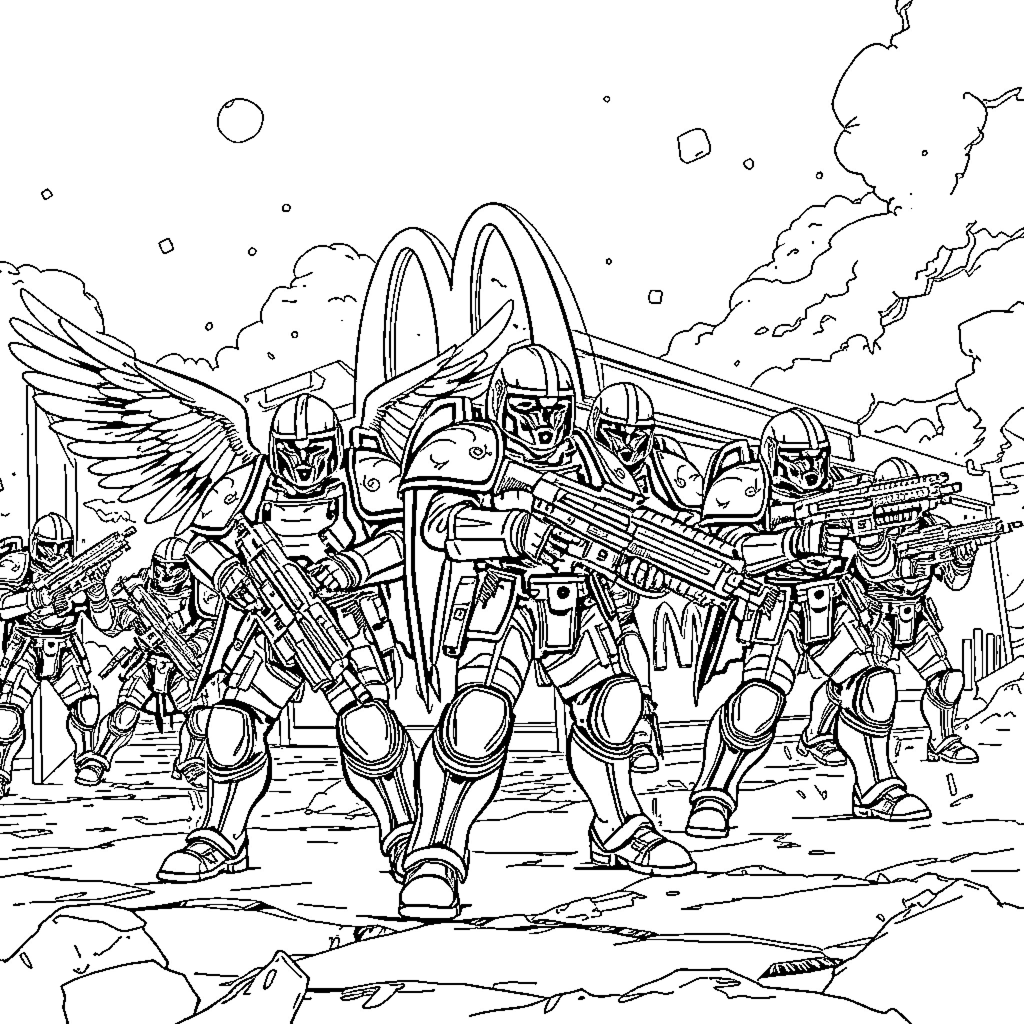 Angel Warriors in Futuristic Armored Battle Coloring Page (free black-and-white line drawing printable PDF for all, from beginners to advanced learners, including children, teens, adults, and seniors)