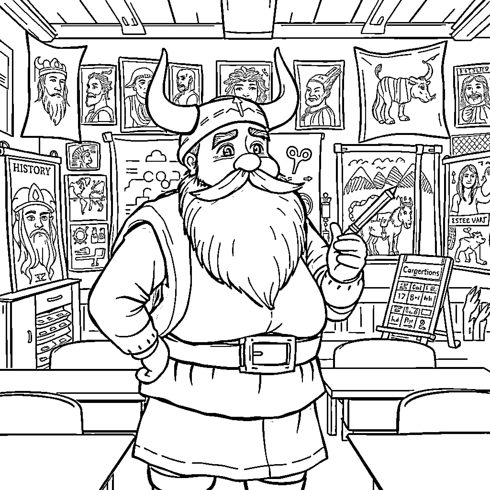 Viking vendor selling items in his shop Coloring Page (free black-and-white line drawing printable PDF for all, from beginners to advanced learners, including children, teens, adults, and seniors)