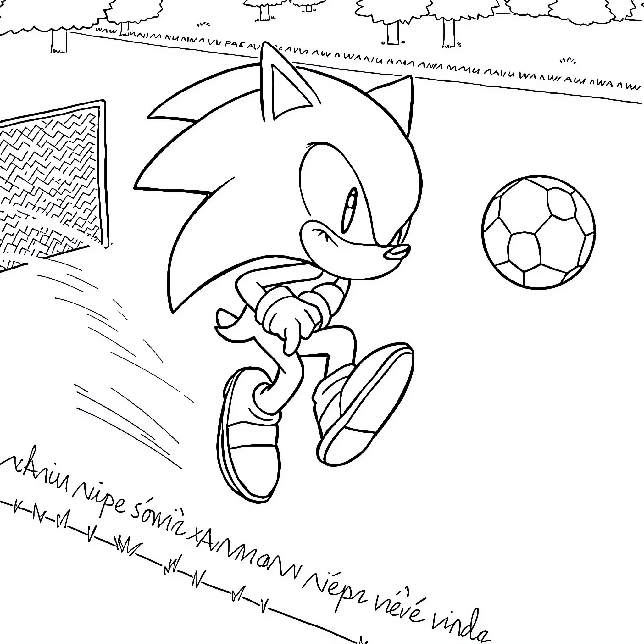 Sonic playing happily with a soccer ball Coloring Page (free black-and-white line drawing printable PDF for all, from beginners to advanced learners, including children, teens, adults, and seniors)