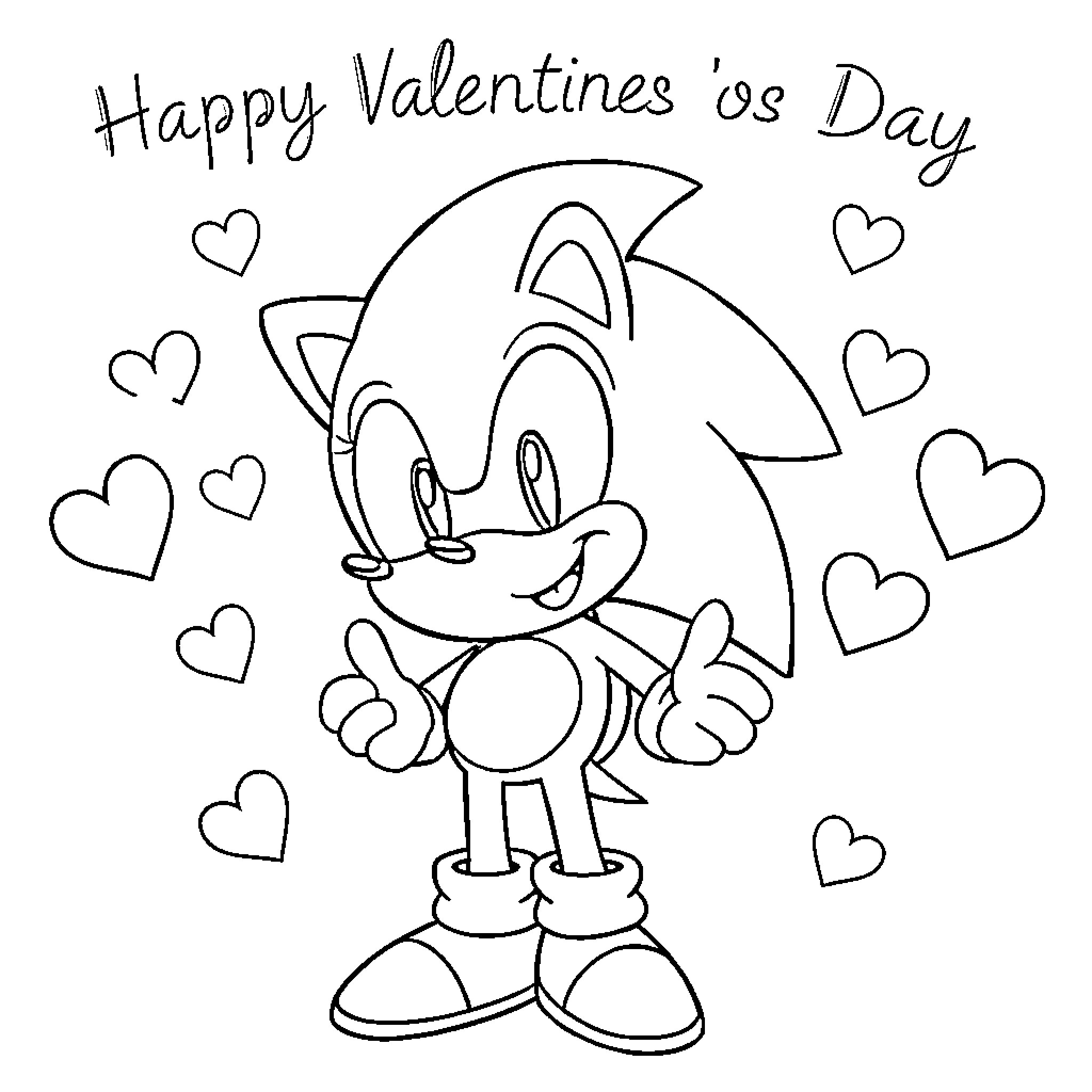 Sonic's Happy Valentines Day with Hearts Coloring Page (free black-and-white line drawing printable PDF for all, from beginners to advanced learners, including children, teens, adults, and seniors)