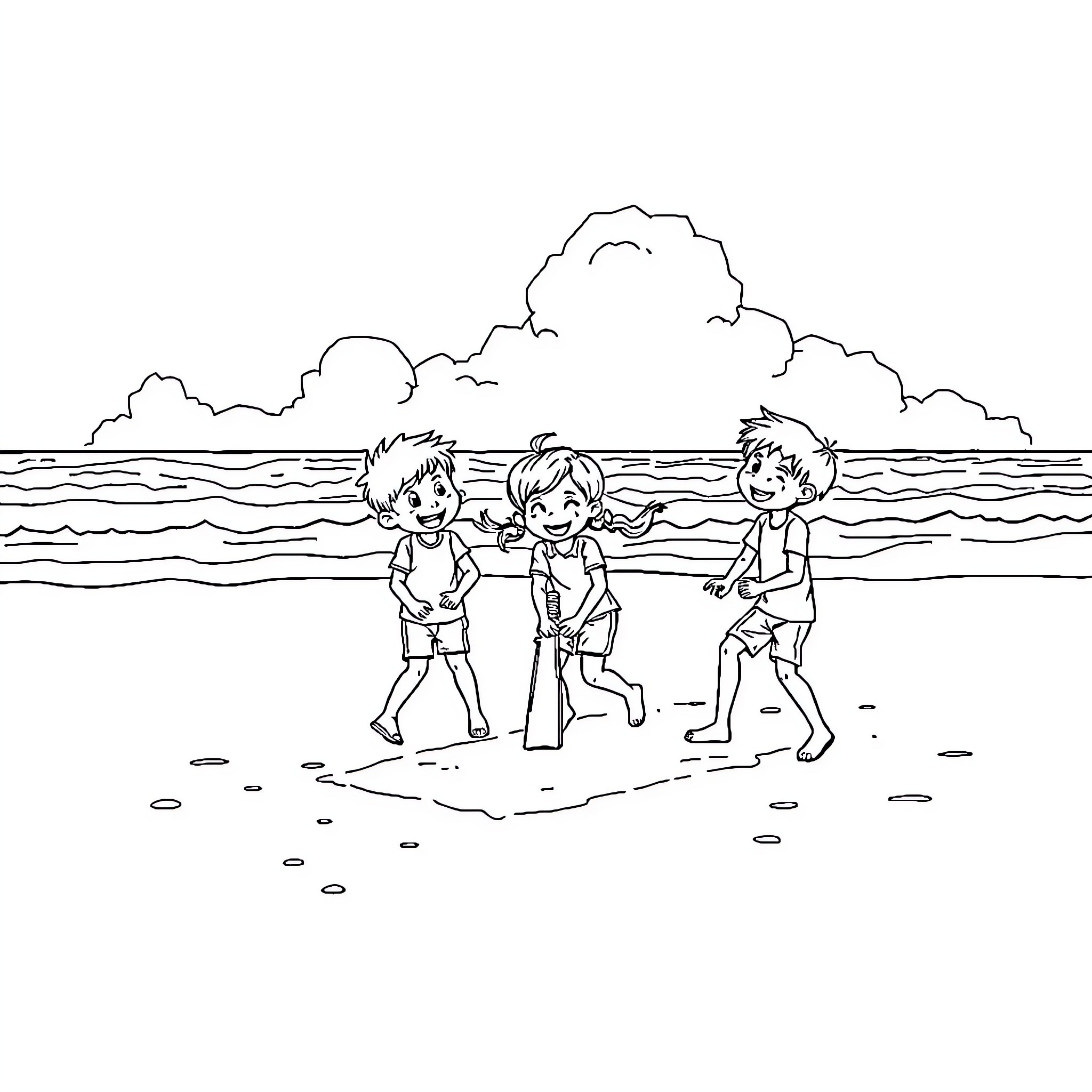 Kids playing joyfully on the beach Coloring Page (free black-and-white line drawing printable PDF for all, from beginners to advanced learners, including children, teens, adults, and seniors)