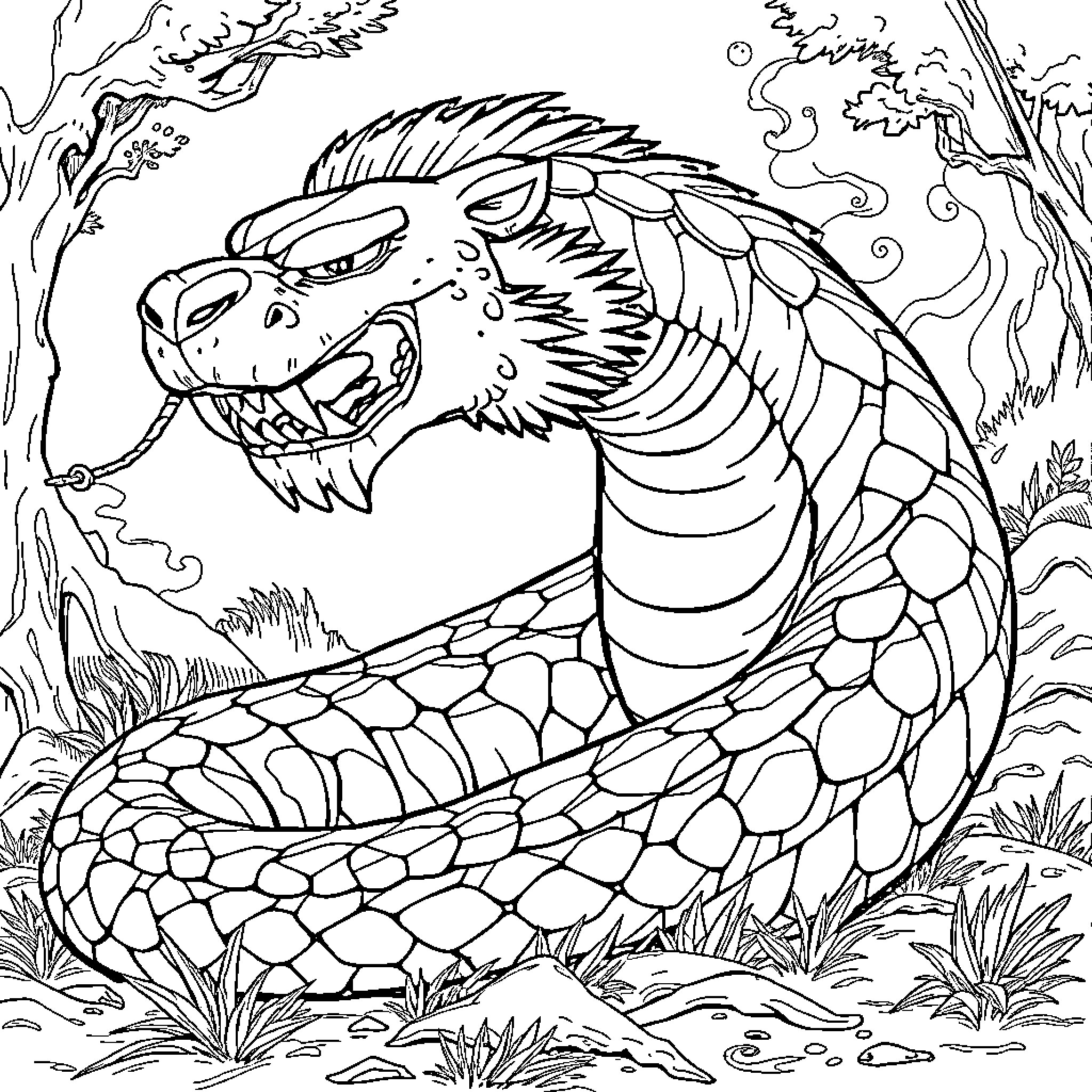 Snake coiled and hissing in the forest Coloring Page (free black-and-white line drawing printable PDF for all, from beginners to advanced learners, including children, teens, adults, and seniors)