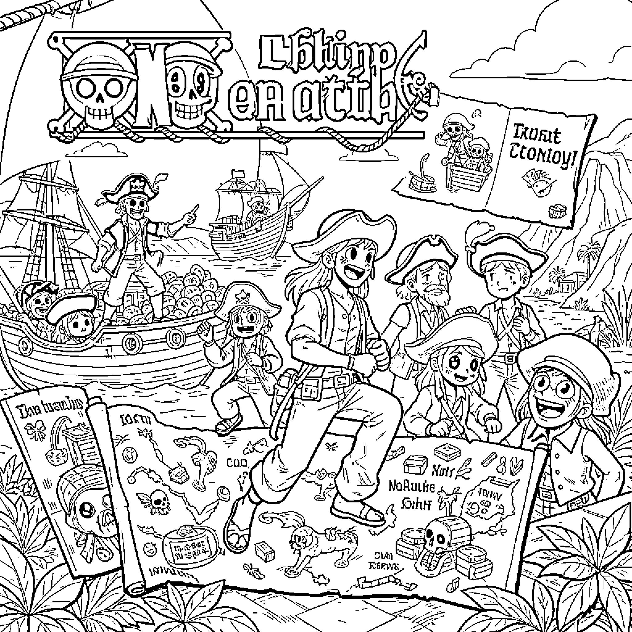 Peace in the Pirate's Cove Adventure Coloring Page (free black-and-white line drawing printable PDF for all, from beginners to advanced learners, including children, teens, adults, and seniors)