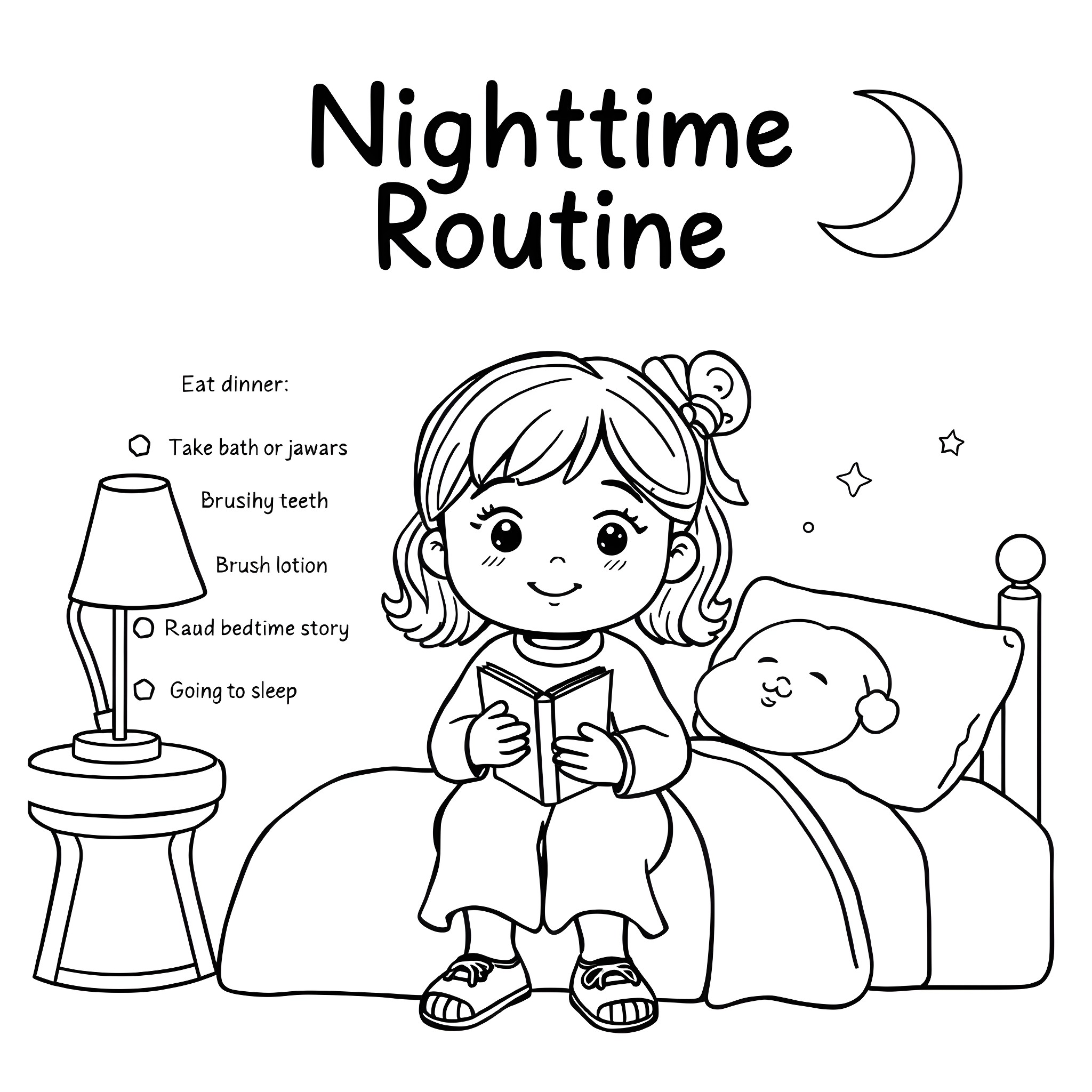 Routine Nighttime Activities of a Young Girl Coloring Page (free black-and-white line drawing printable PDF for all, from beginners to advanced learners, including children, teens, adults, and seniors)