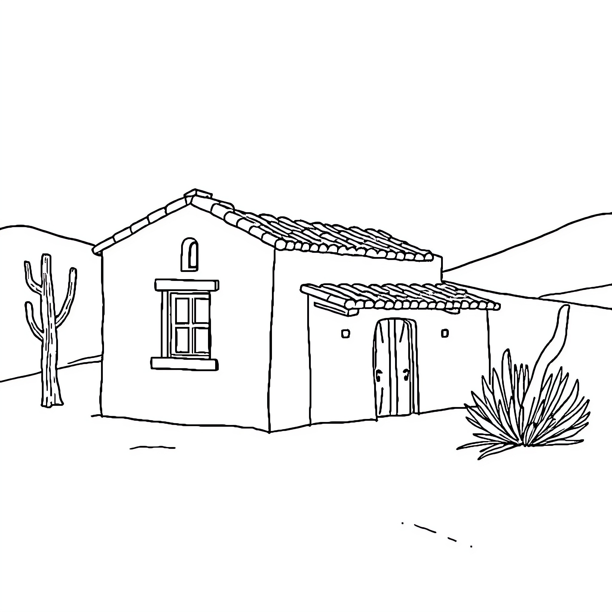 House in a desert landscape Coloring Page (free black-and-white line drawing printable PDF for all, from beginners to advanced learners, including children, teens, adults, and seniors)