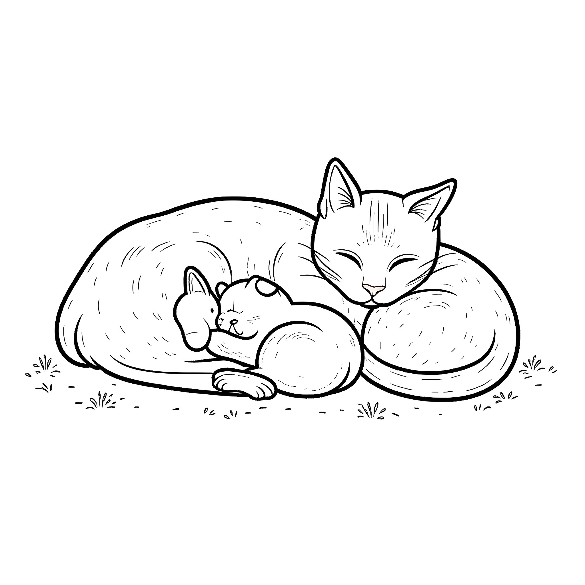 Cat and kitten napping peacefully Coloring Page (free black-and-white line drawing printable PDF for all, from beginners to advanced learners, including children, teens, adults, and seniors)